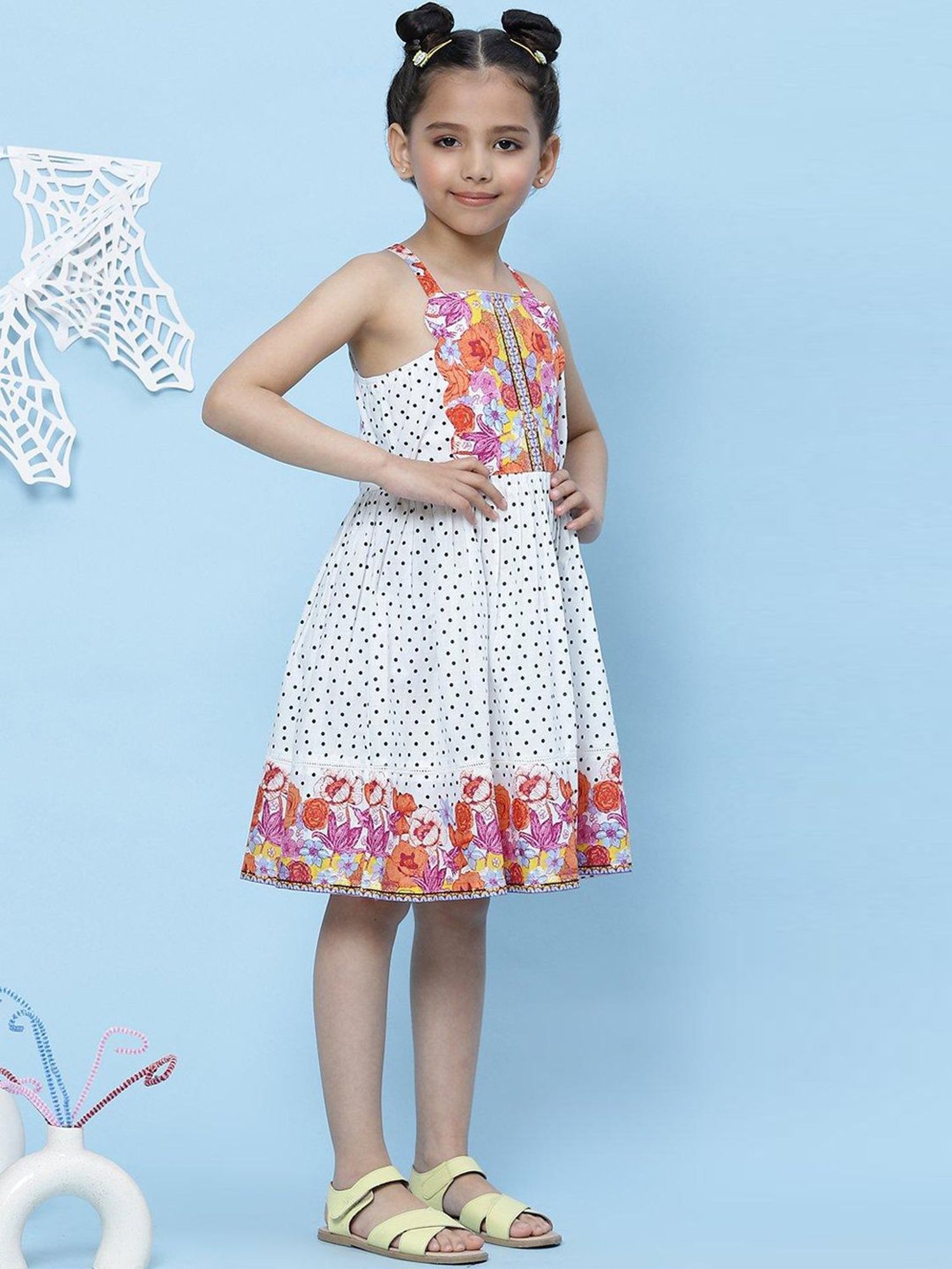 BIBA Girls White Cotton Printed Dress