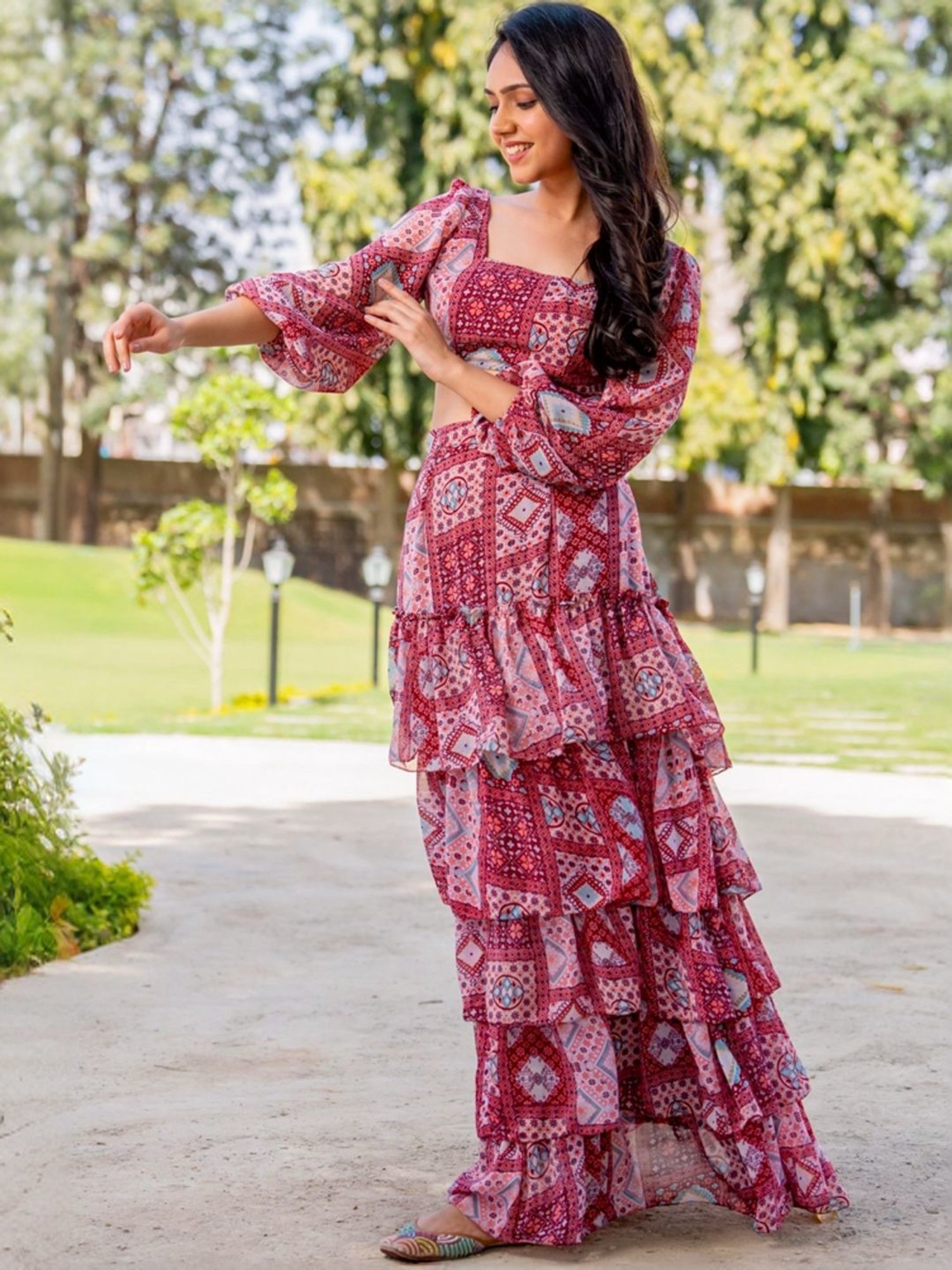 HOUSE OF JAMOTI Purple Printed Crop Top Skirt Set