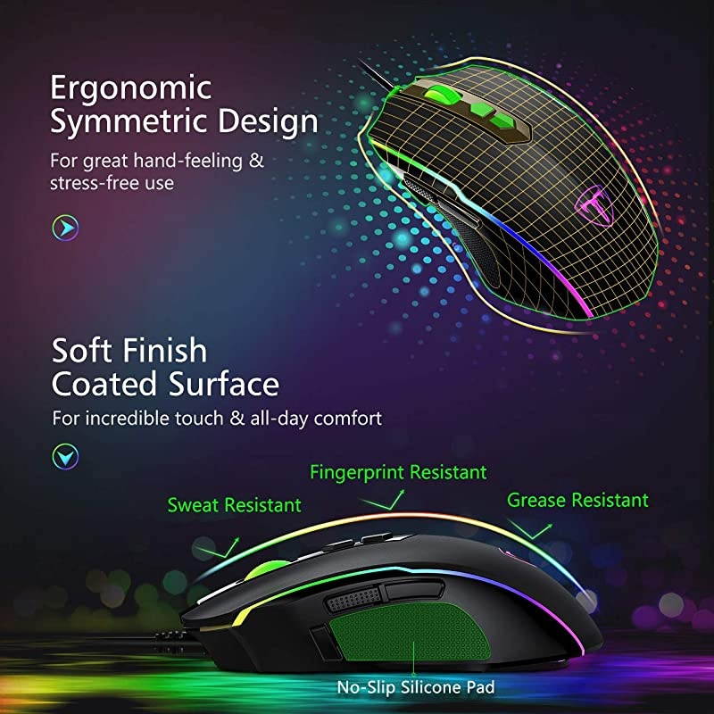 Gaming Mouse Wired, 8 Programmable Buttons, Chroma RGB Backlit, 7200 DPI Adjustable, Comfortable Grip Ergonomic Optical PC Computer Gaming Mice with Fire Button, Black (Upgraded Version)