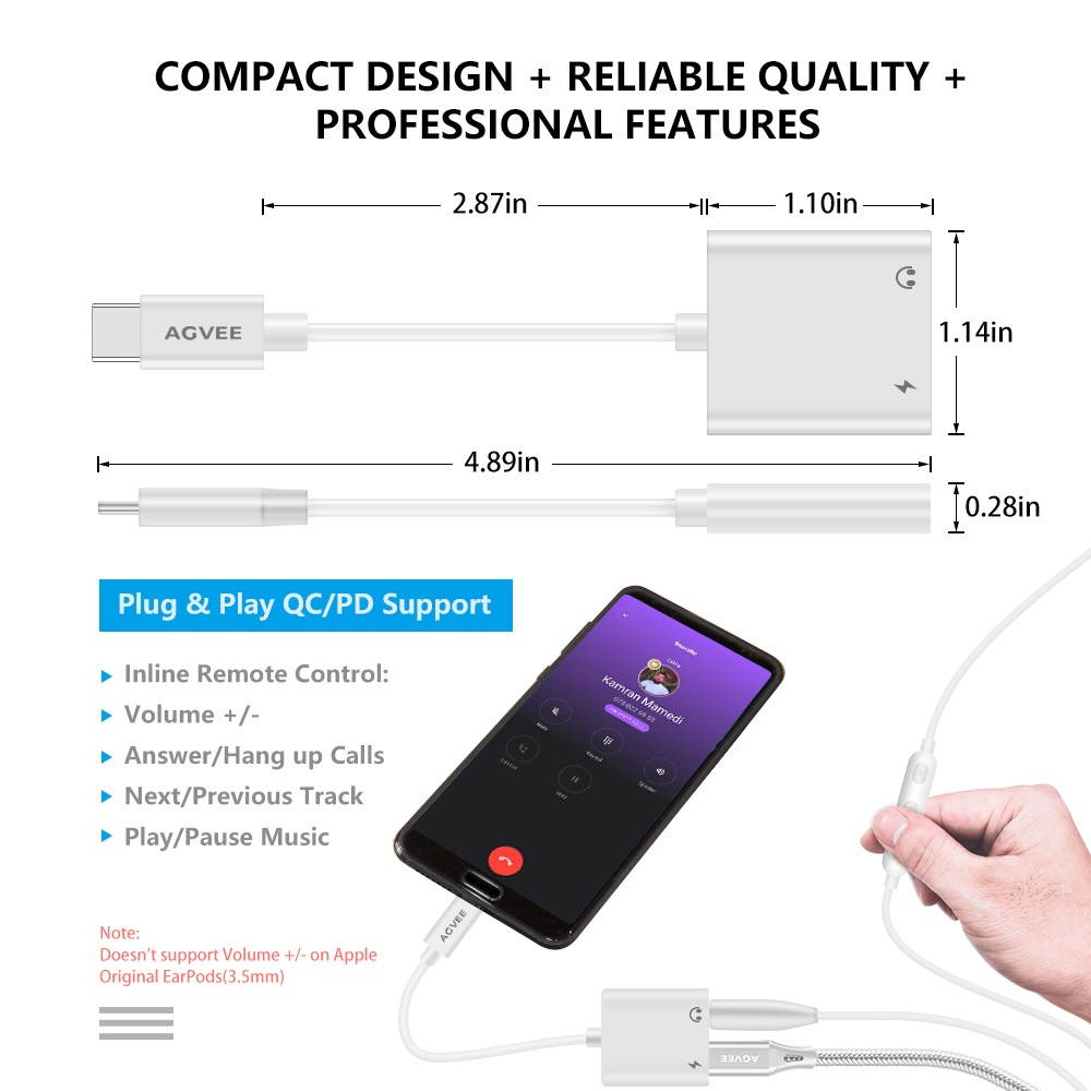 AGVEE 2-in-1 USB-C to 3.5mm Jack Microphone Headphone Adapter, Type-C Mic AUX Earbud Splitter, USBC Audio Earphone Converter, PD Charging Dongle for Samsung S21 S20 Note 20/10, iPad Pro, Pixel, White