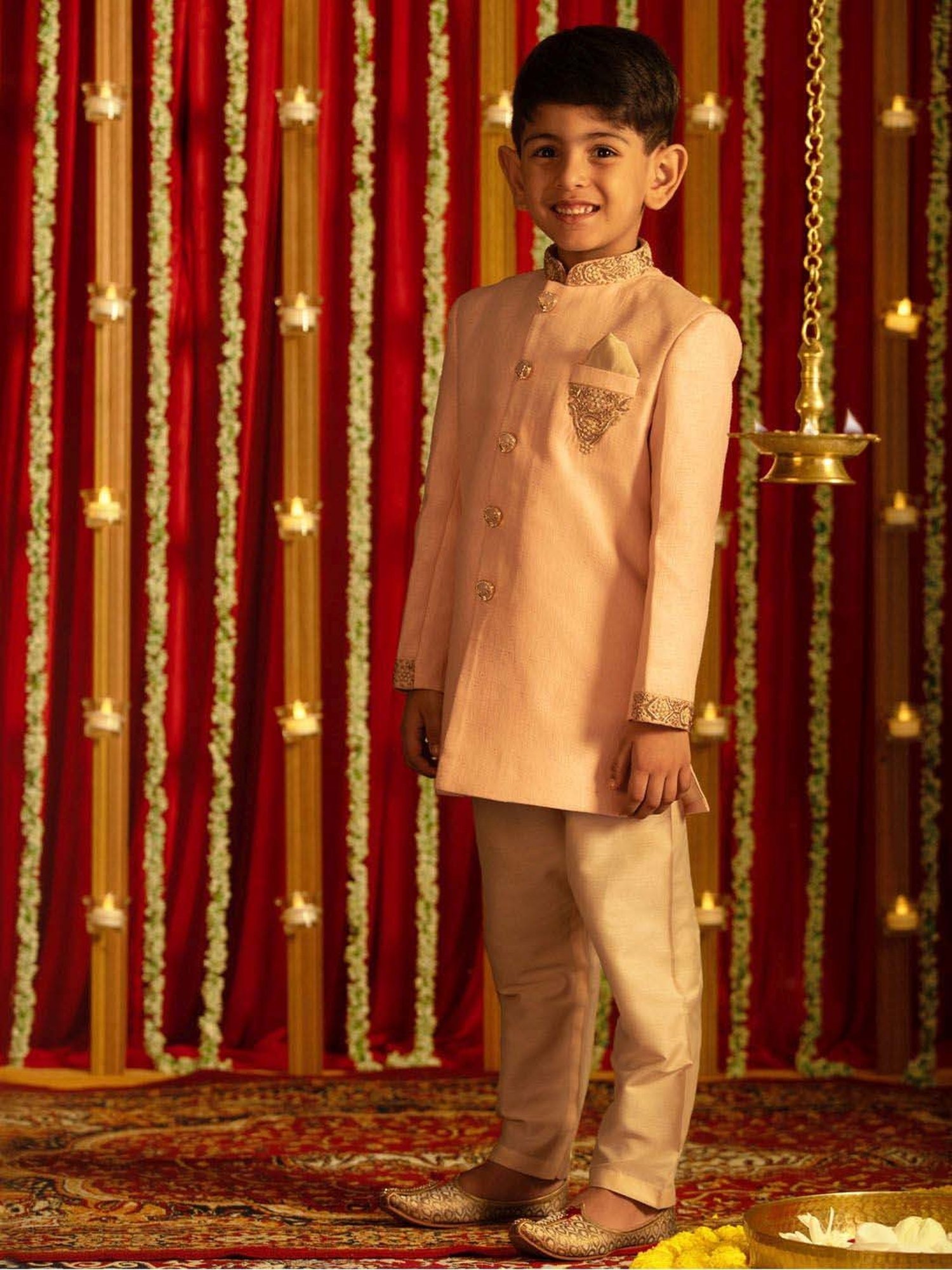 VASTRAMAY Boys Pink & Cream Embroidery Full Sleeves Indowestern Sets