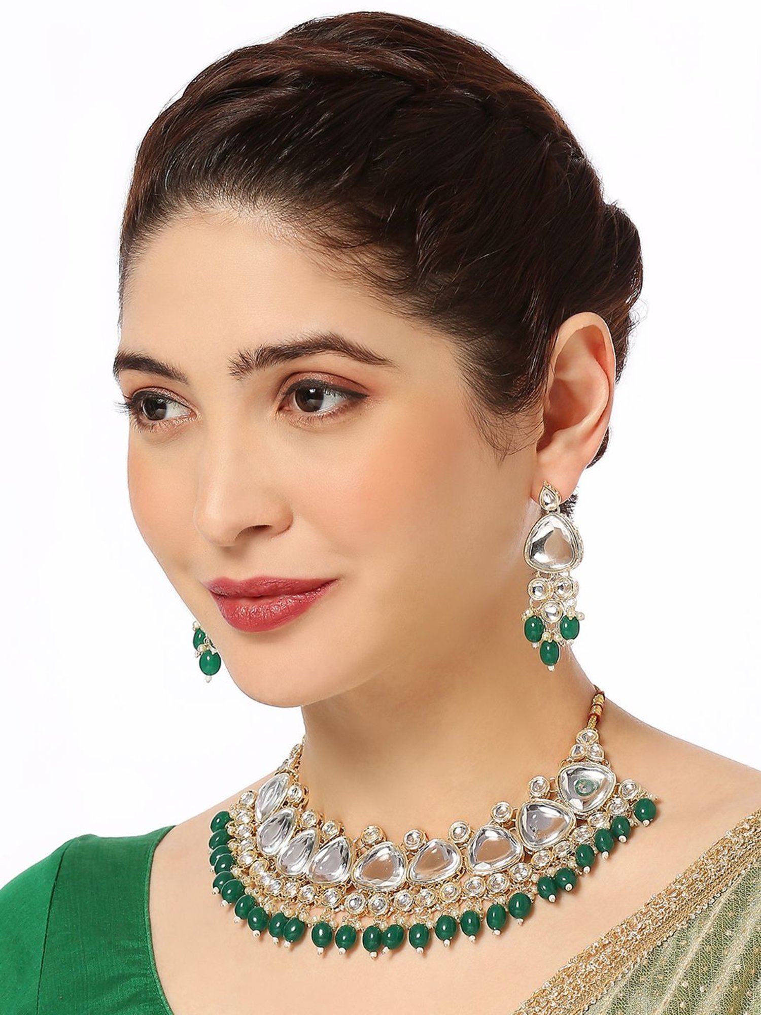 OOMPH Green Beads & Kundan Wedding Bridal Ethnic Choker Necklace Set for Women