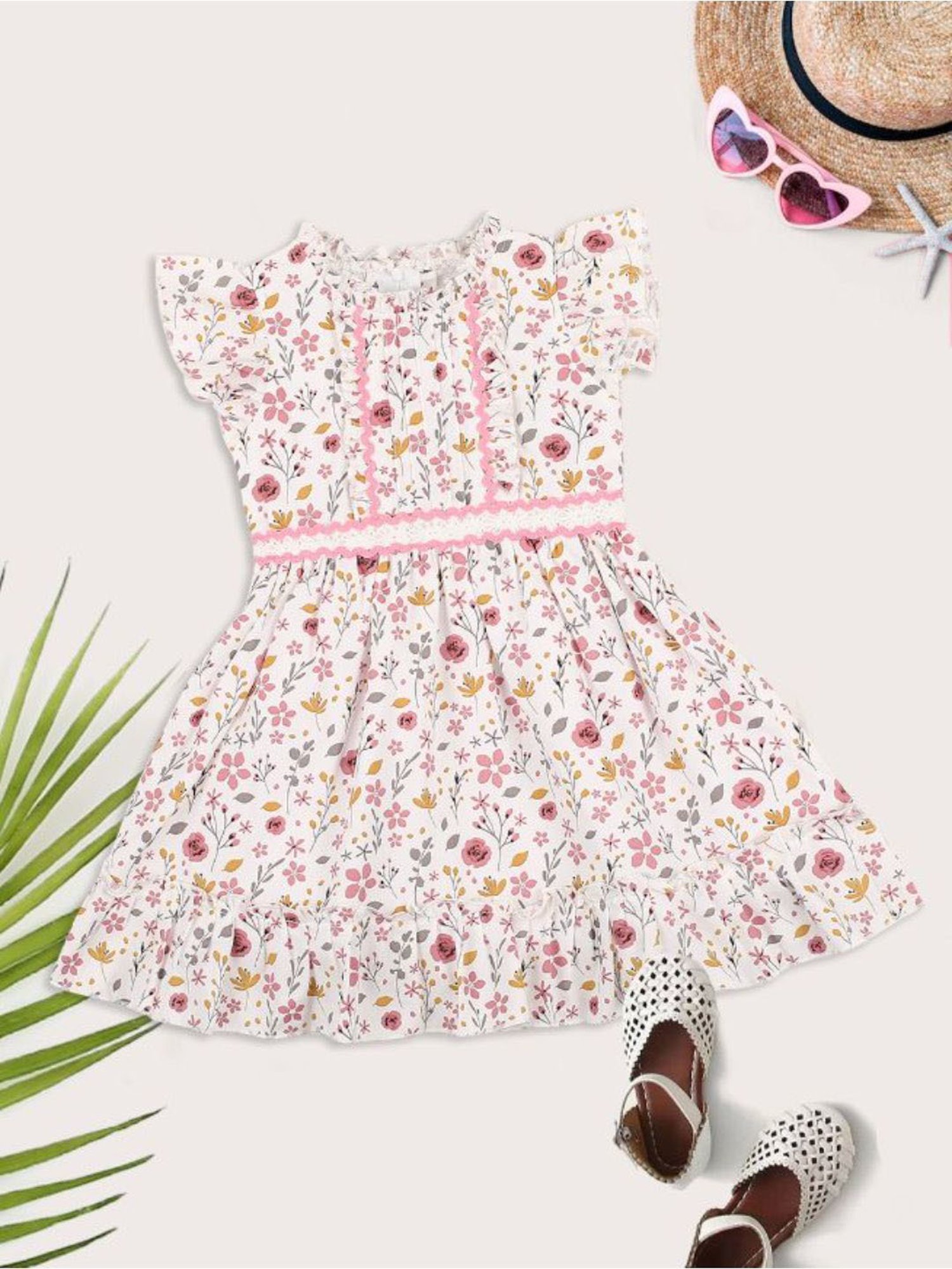 Mee Mee Kids White & Pink Floral Print Dress