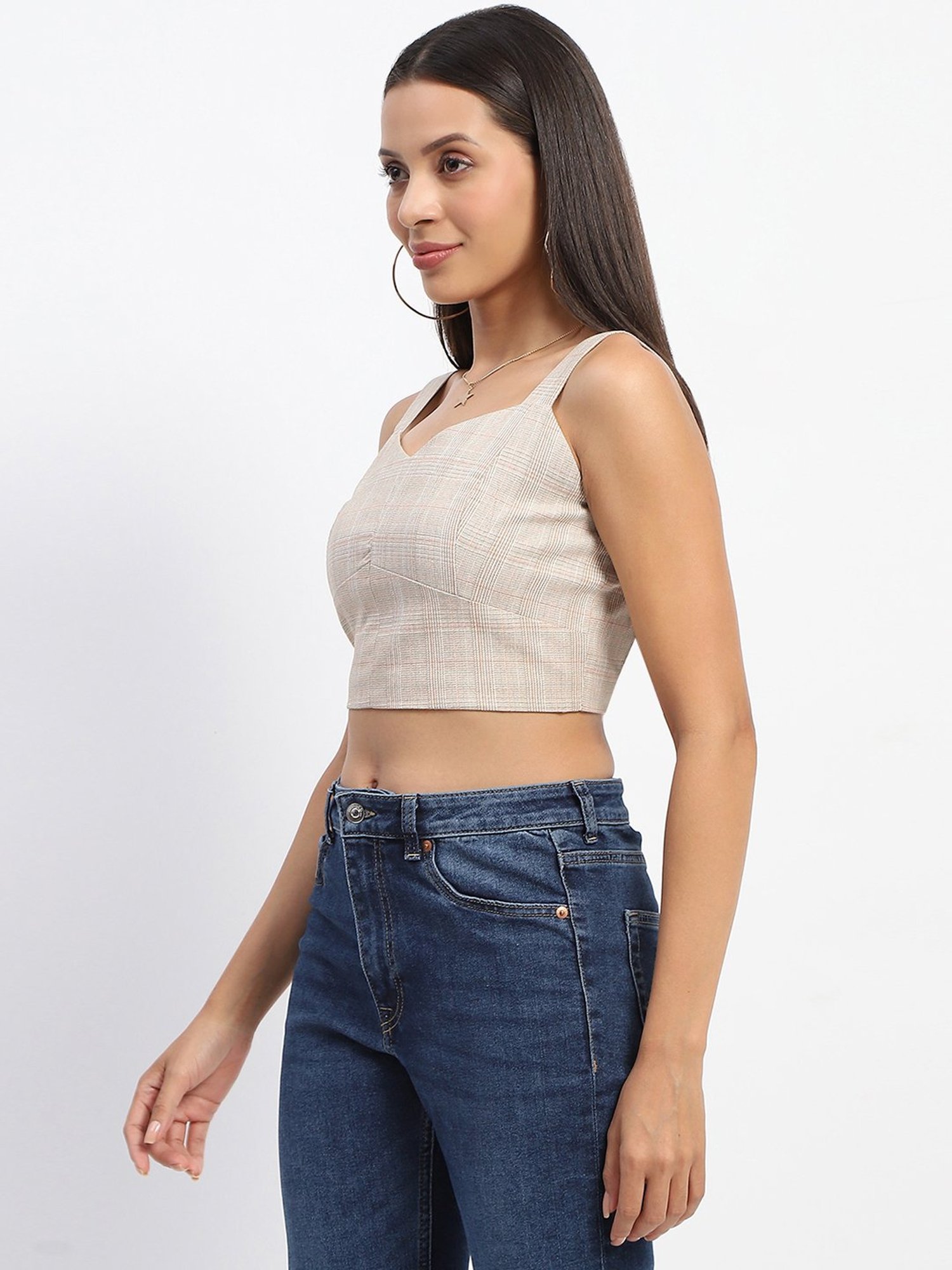 MADAME Beige Checkered Crop Top
