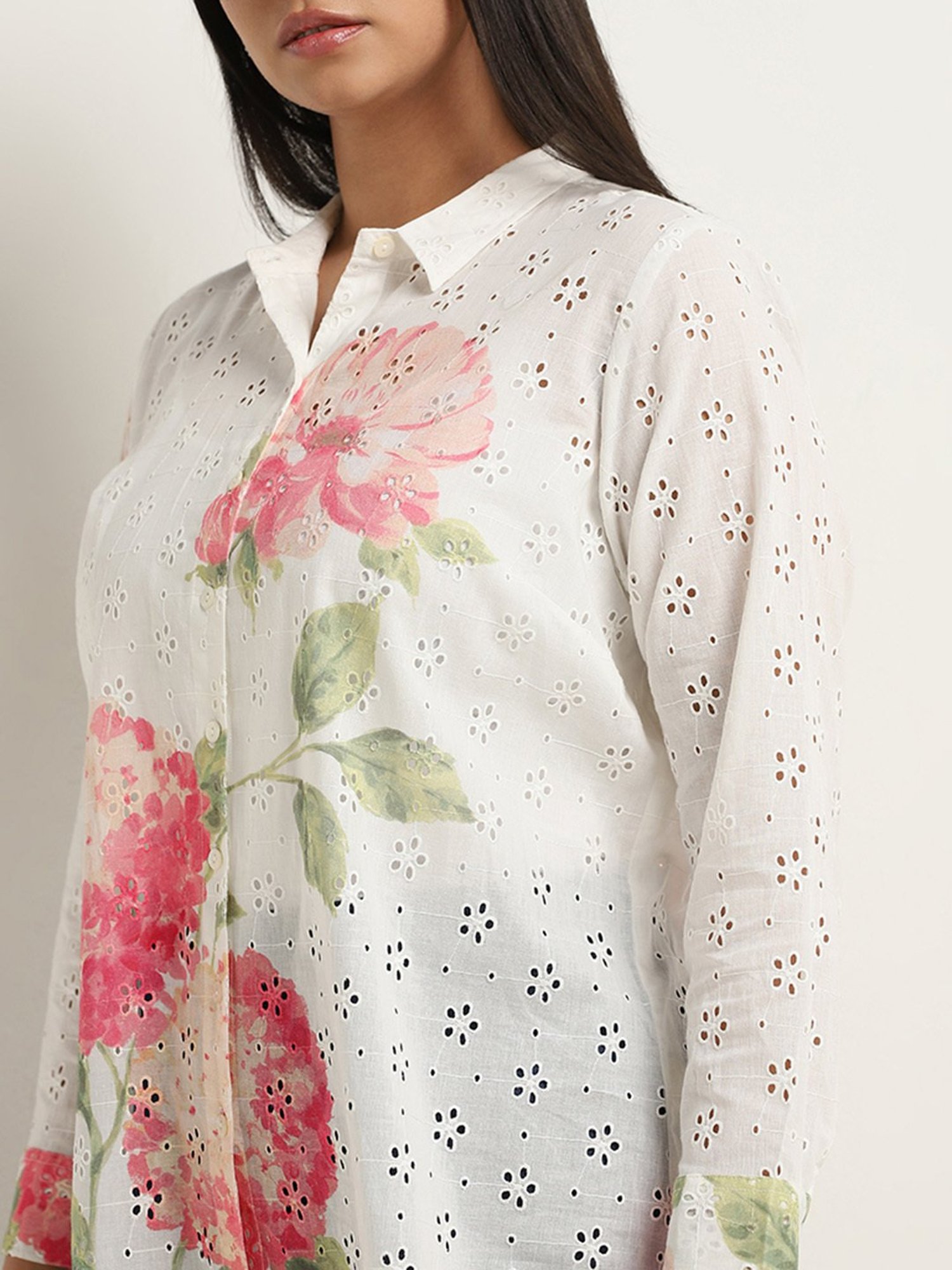 Diza by Westside Pink Floral Schiffli Design Straight Cotton Tunic