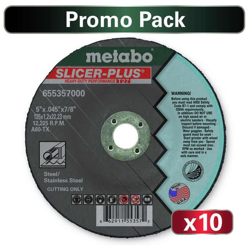 Metabo US655357010 10-Piece 5 in. x .045 in. x 7/8 in. A60TX Cutting Wheel Slice Plus T27