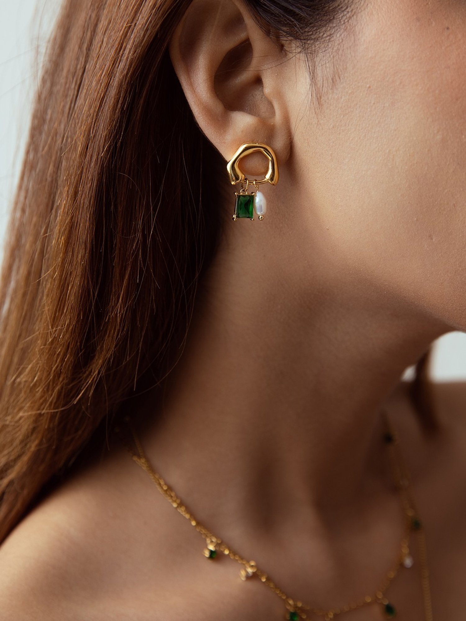 Perfectly Average Pearl And Emerald Drop Studs