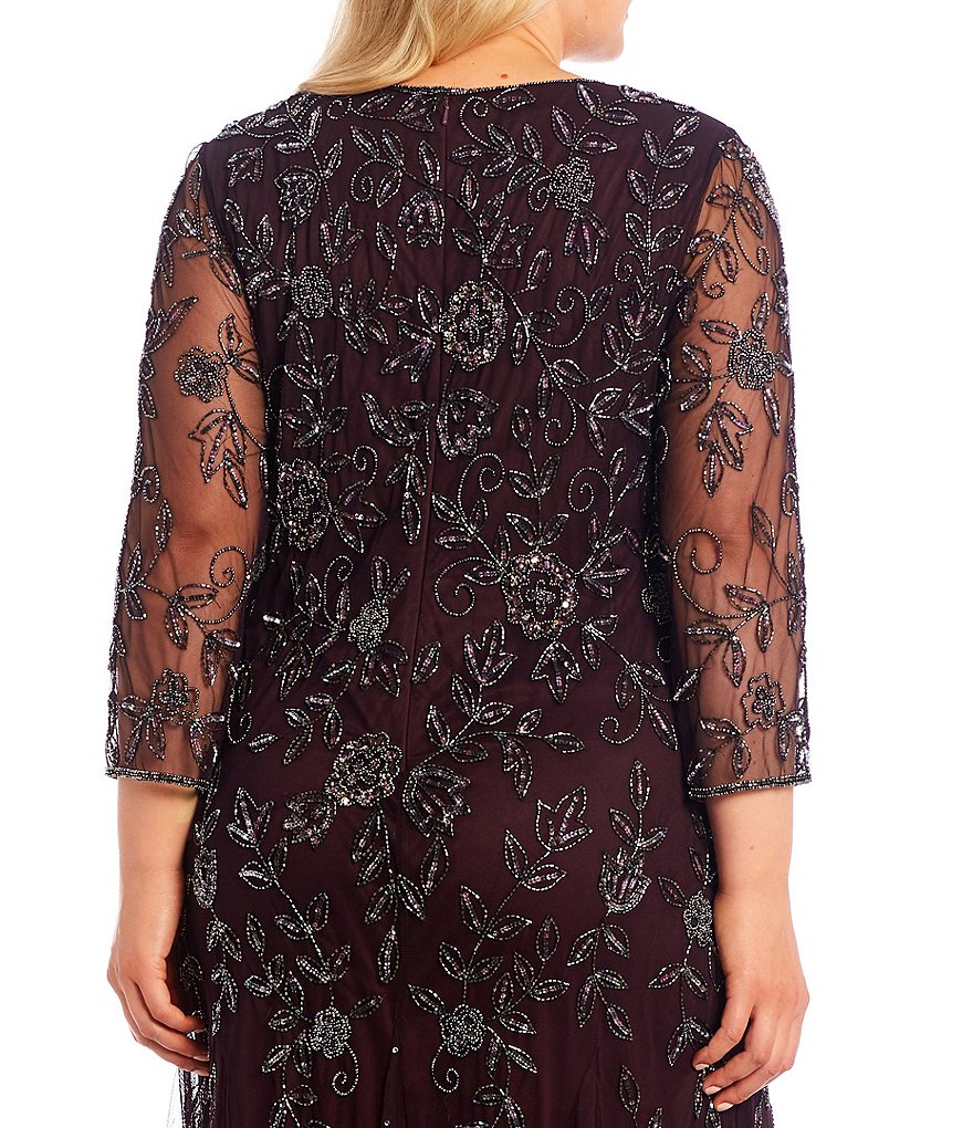 Pisarro Nights Plus Size 3/4 Sleeve Boat Neck Beaded A-Line Gown