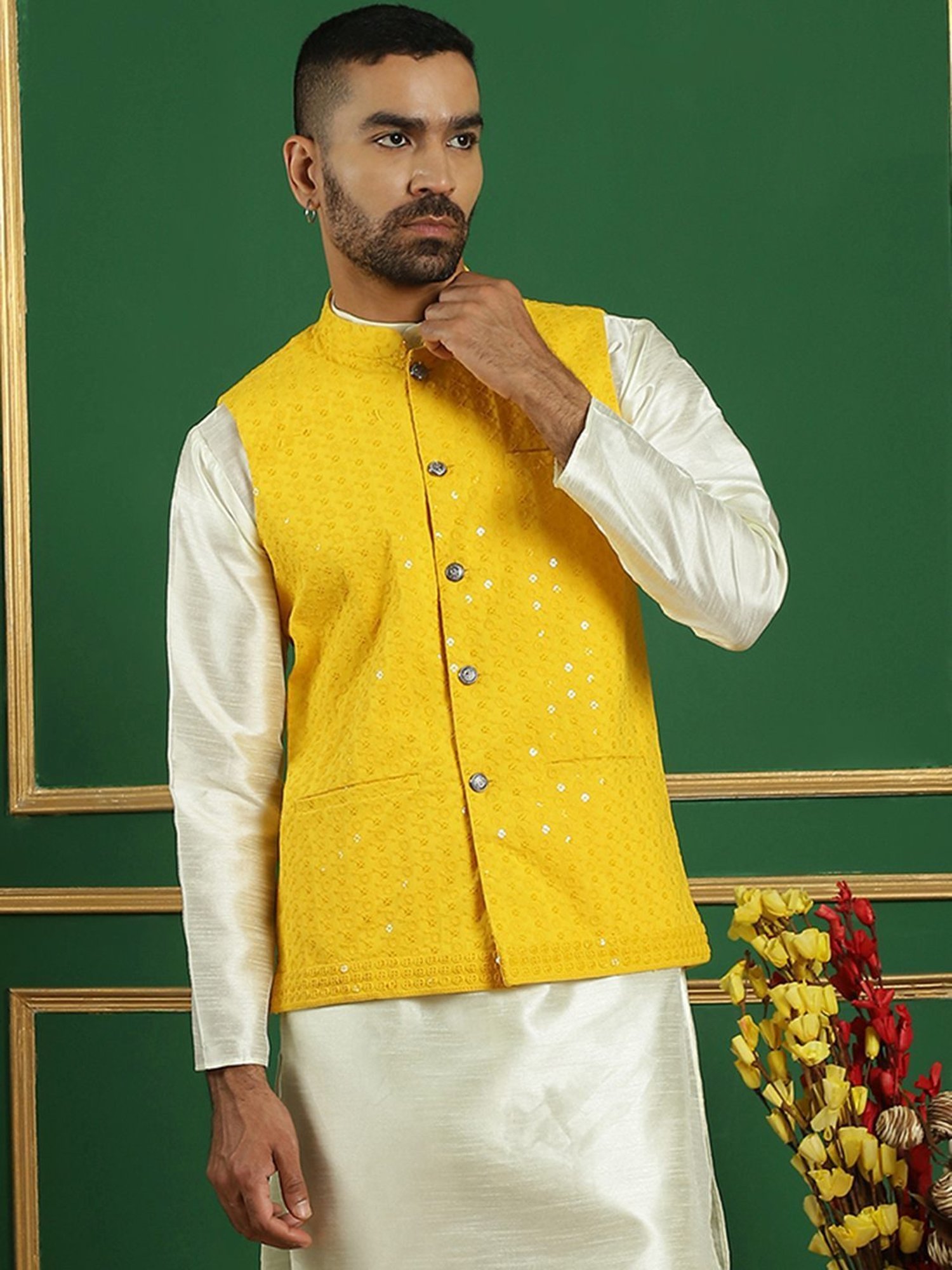 Jompers Yellow Regular Fit Embroidered Nehru Jacket