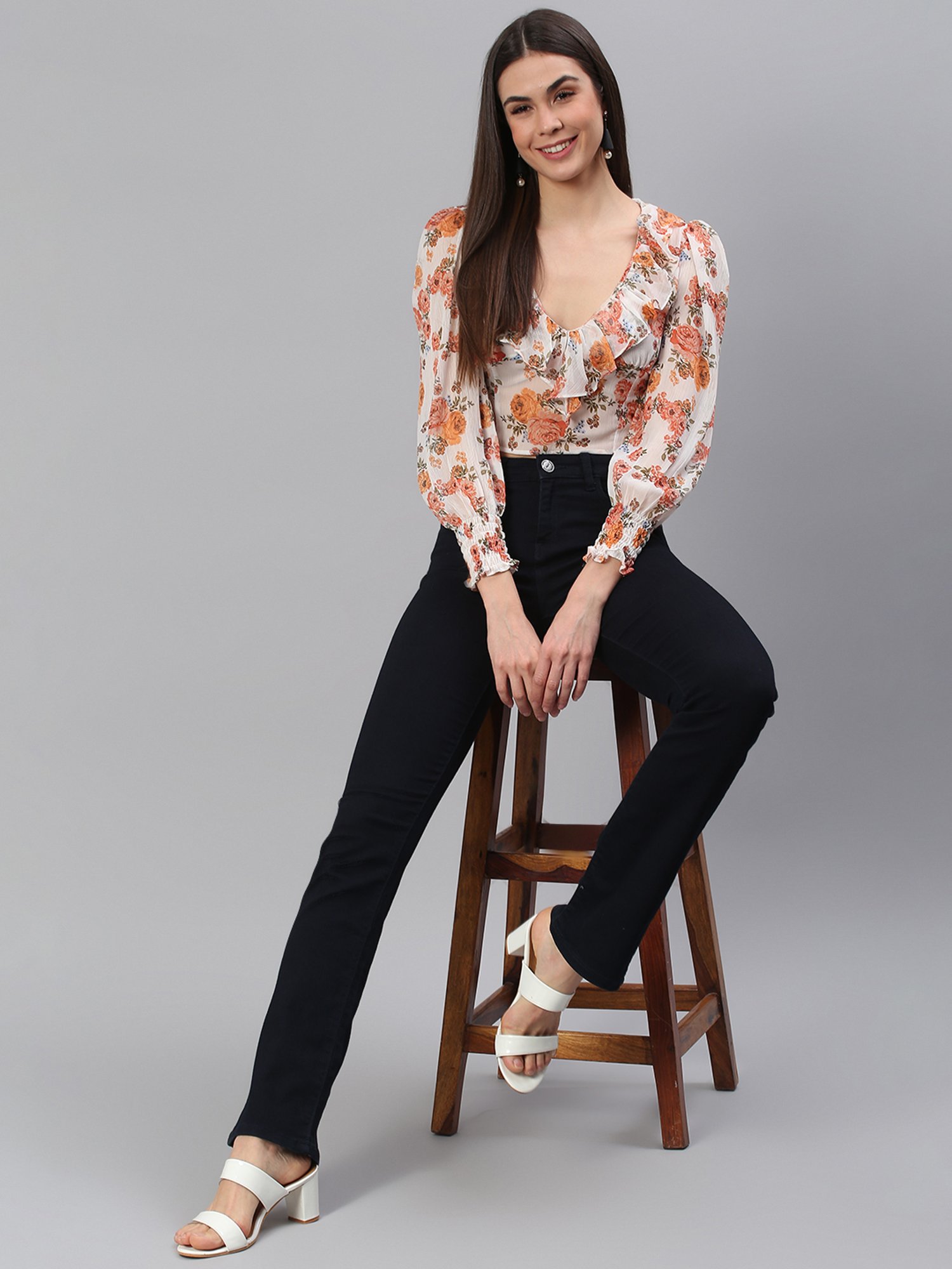 Cation Off White Printed Crop Top