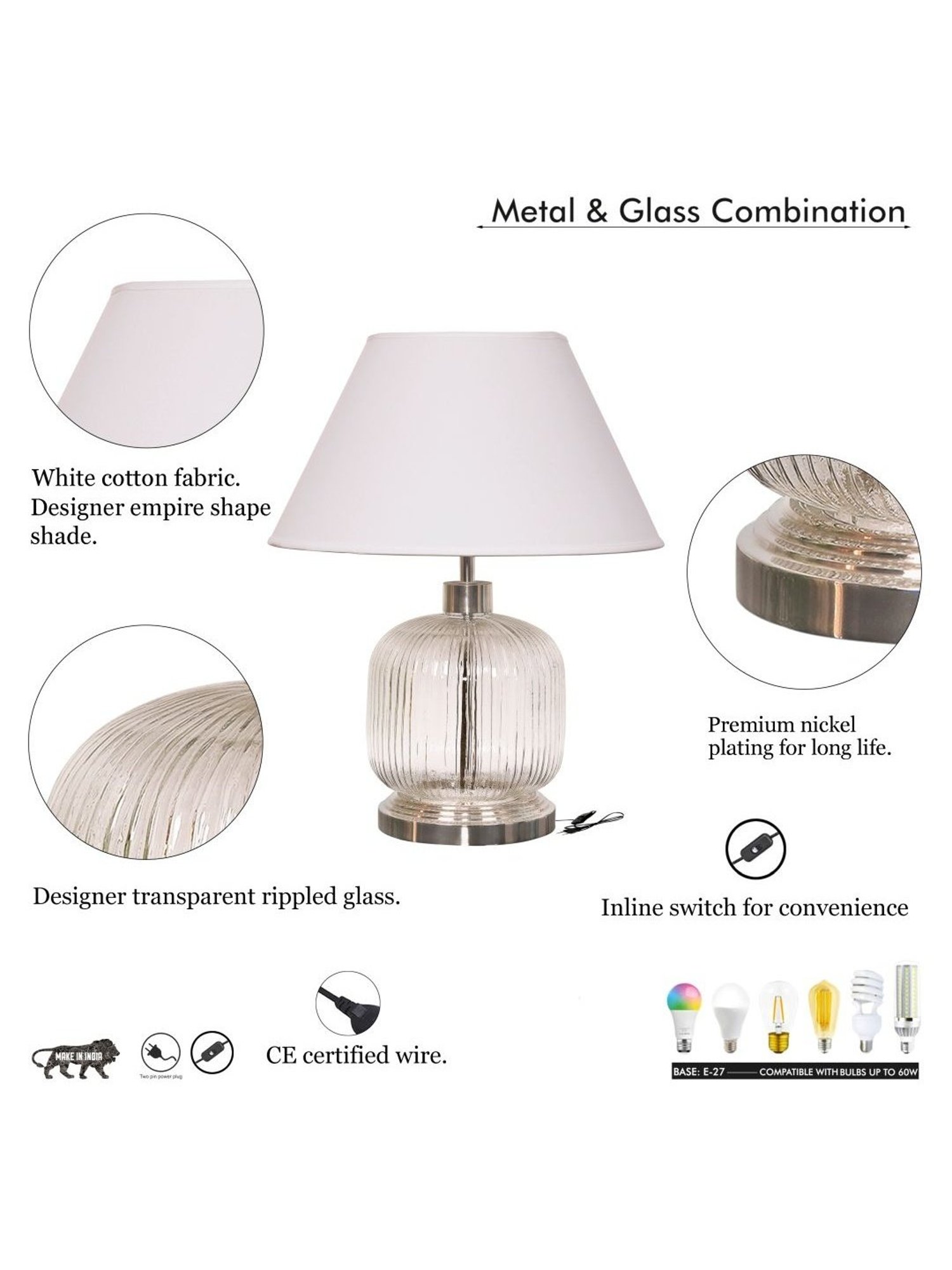 Kapoor Lamp Shades Transparent & White Glass Demarius Finish Table Lamp