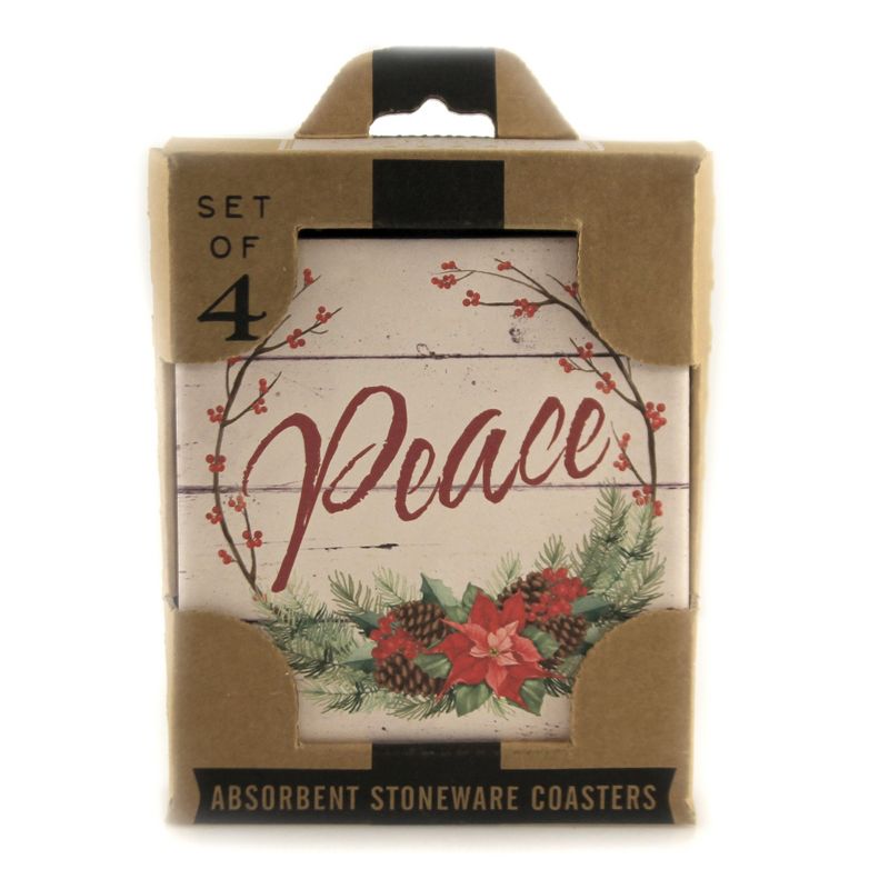 Tabletop 4.0" Christmas Wreath Coasters Absorbent St/4 Poinsettia Carson Home Accents  -  Coasters