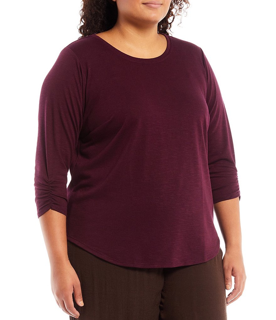 I.N. Studio Plus Size Hacci Knit 3/4 Ruched Sleeve Jewel Neck Paisley Print Scarf Top