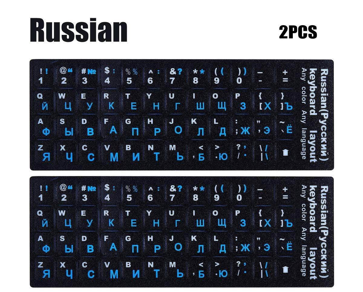 (2PCS Pack) Russian Keyboard Stickers, Keyboard Letters Replacement Stickers Russian Black Background with Blue Lettering for PC Computer Laptop Notebook Desktop Keyboards(Russian-Blue)