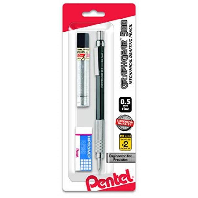 pentel graph gear 500 automatic drafting pencil with lead and mini eraser, 0.5 mm pg525lebp