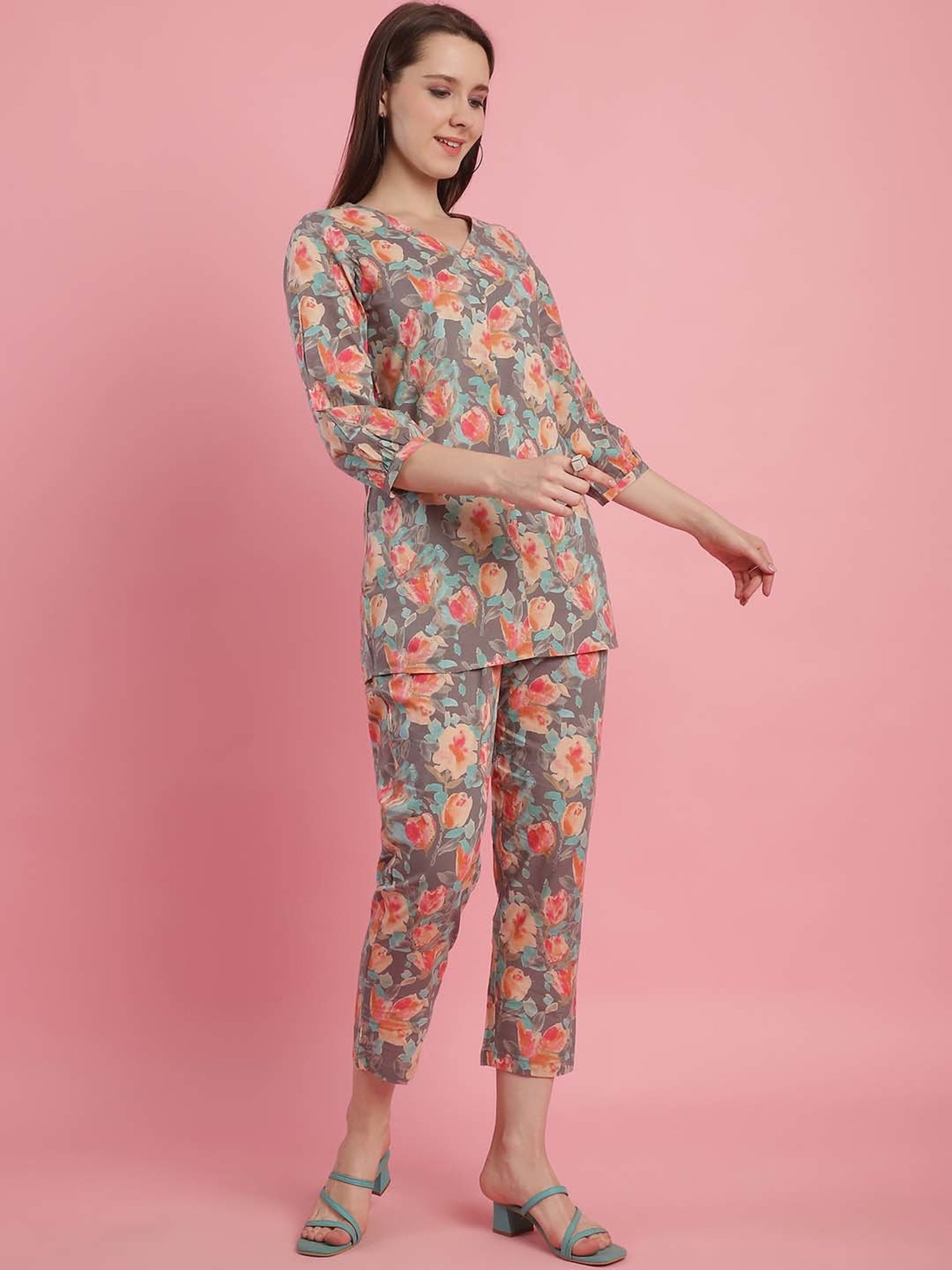 Prakrti Grey Cotton Floral Print Top Pant Set