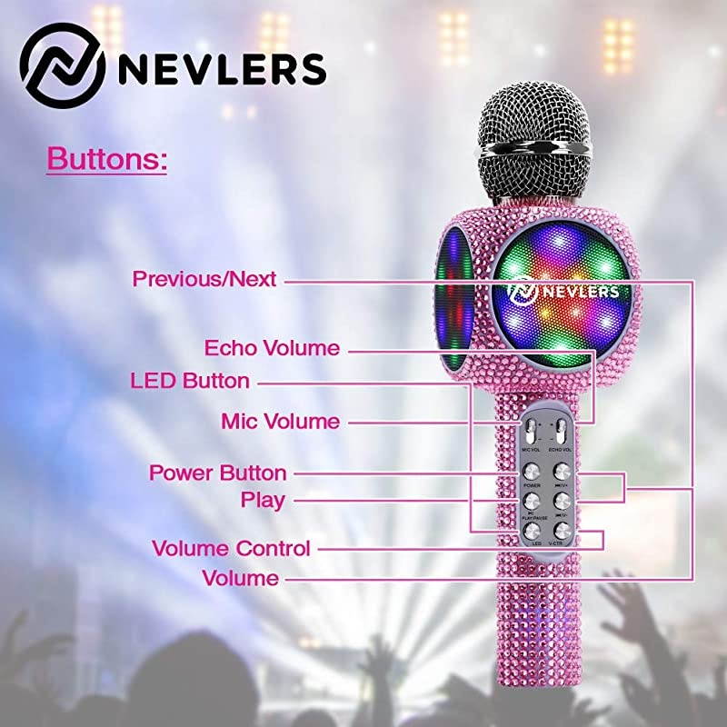 Karaoke Bling Microphone with Wireless Bluetooth Speaker, Voice Changer and Colorful LED Lights, Easy to Use Portable Karaoke Machine for Kids and Adults - Pink Crystal