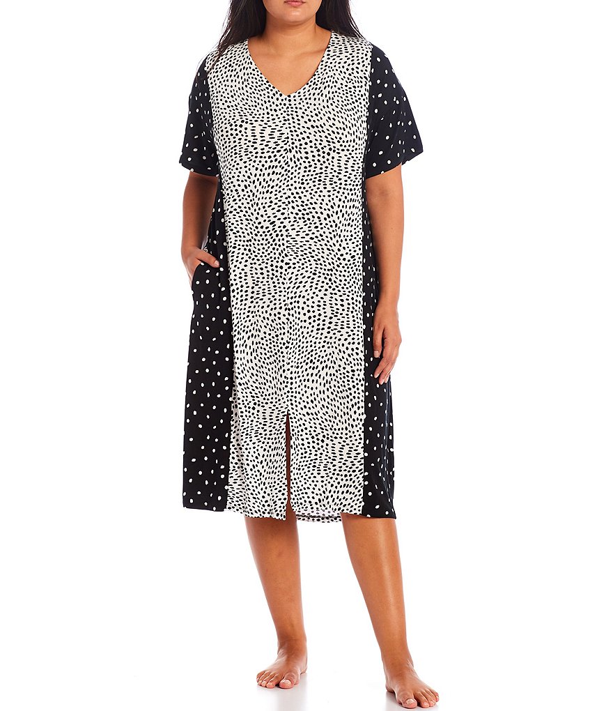 Donna Karan Plus Dot Printed Long Knit V-Neck Short Sleeve Sleepshirt
