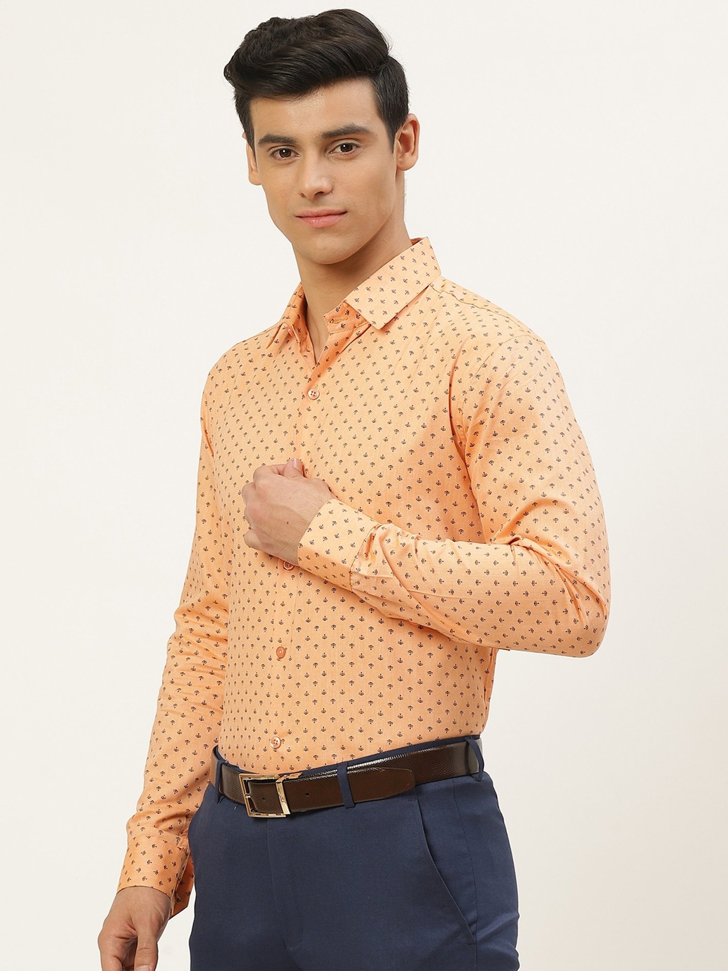 Sojanya Peach Cotton Regular Fit Printed Shirt