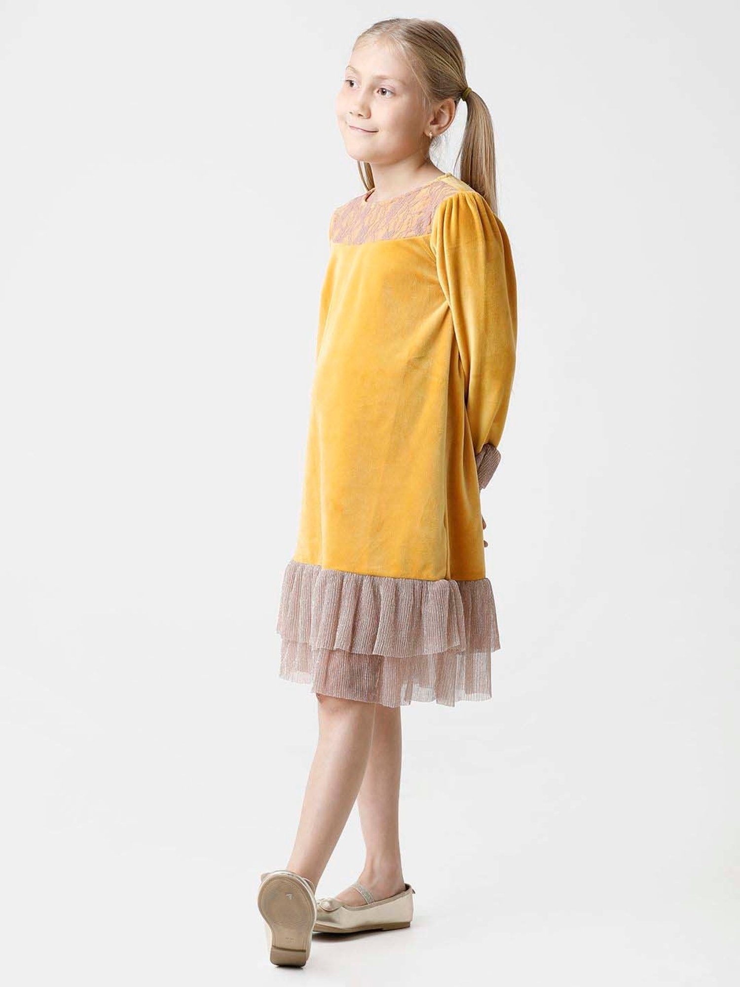 Kate & Oscar Kids Mustard Embroidered Full Sleeves Dress