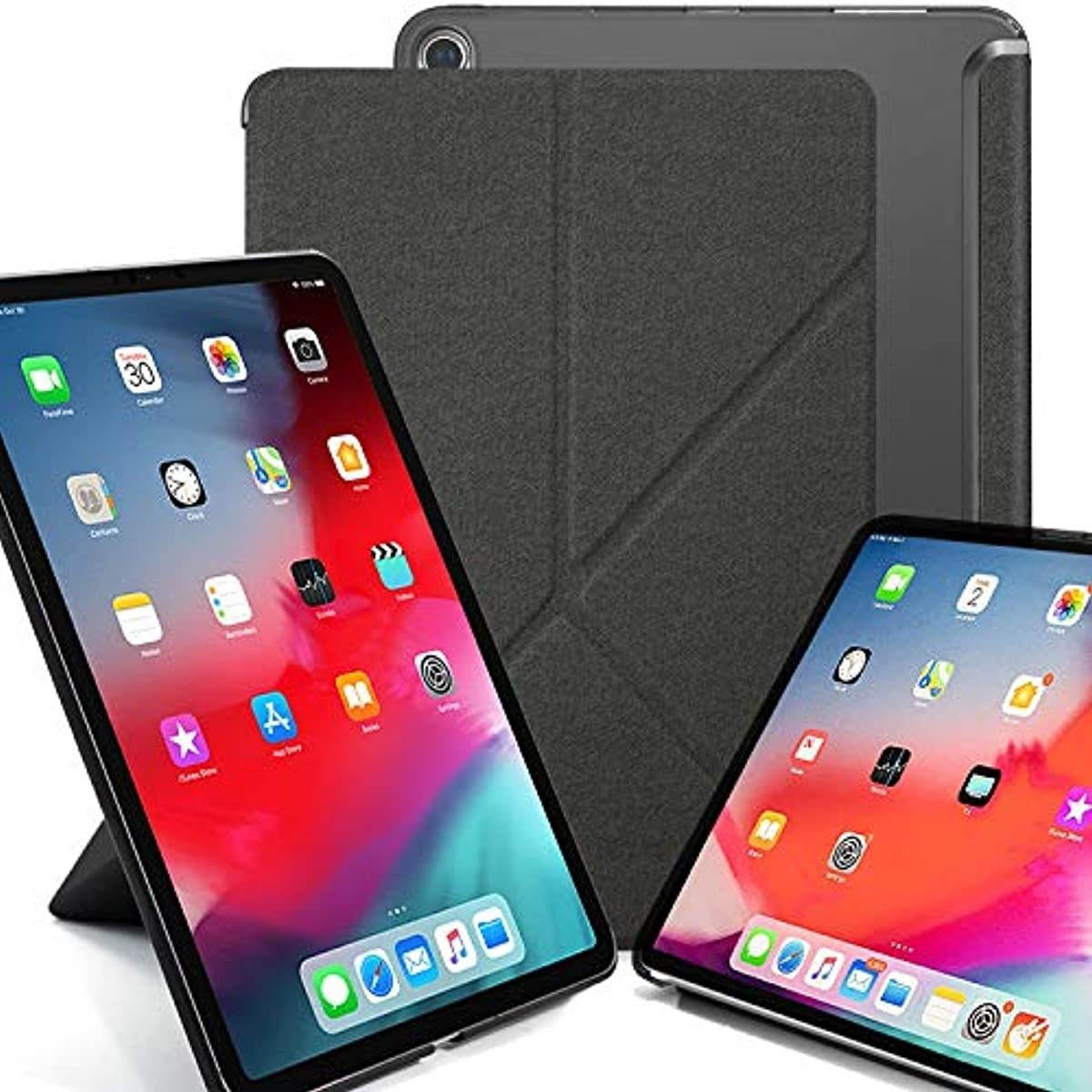 KHOMO Horizontal and Vertical Display Stand Capable Cover for iPad Pro 12.9 Inch Case 3rd Generation (Released 2018) - Dual Origami Series - See Through Back - Twill Grey