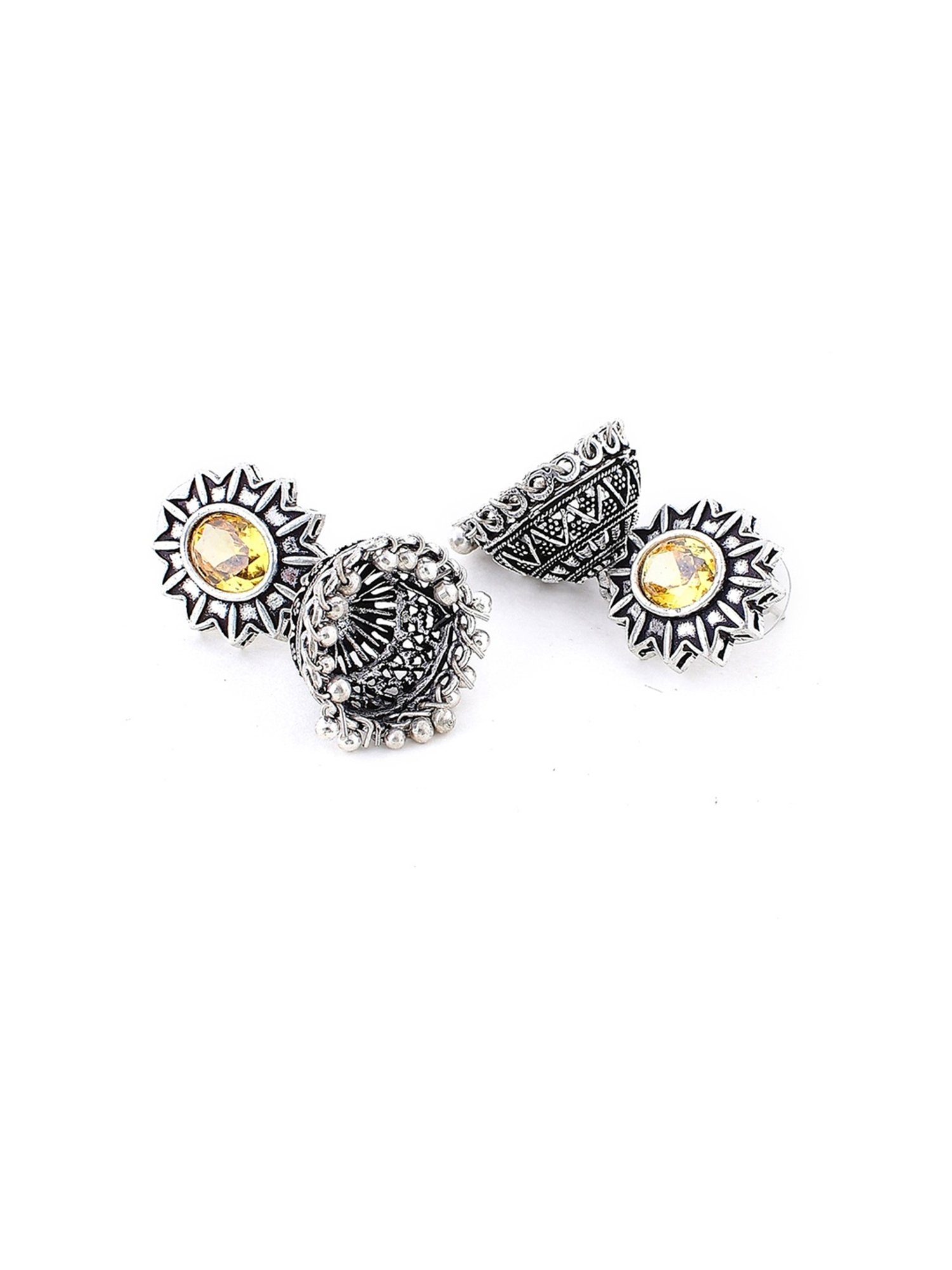 Imli Street Yellow Silver Tone Stone-Studded Handcrafted Jhumki Earrings