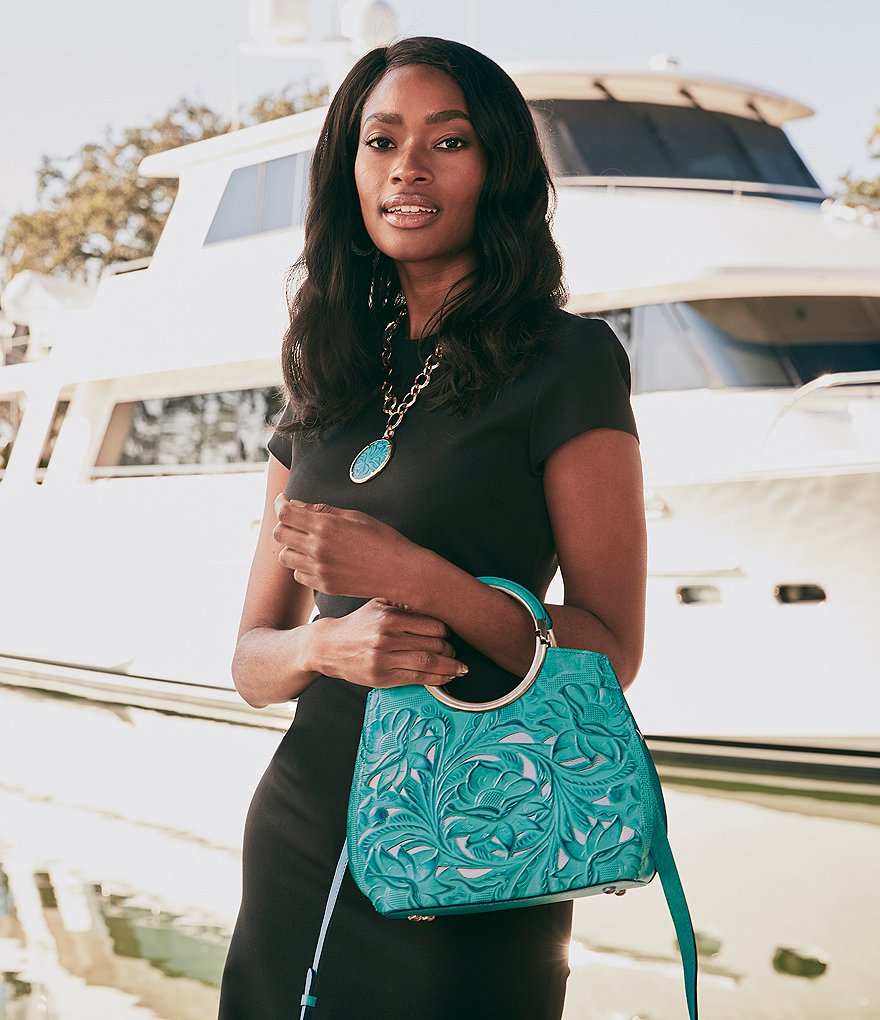 Patricia Nash Cut Out Tooling Collection Aria Ring Handle Floral Shopper Tote Bag