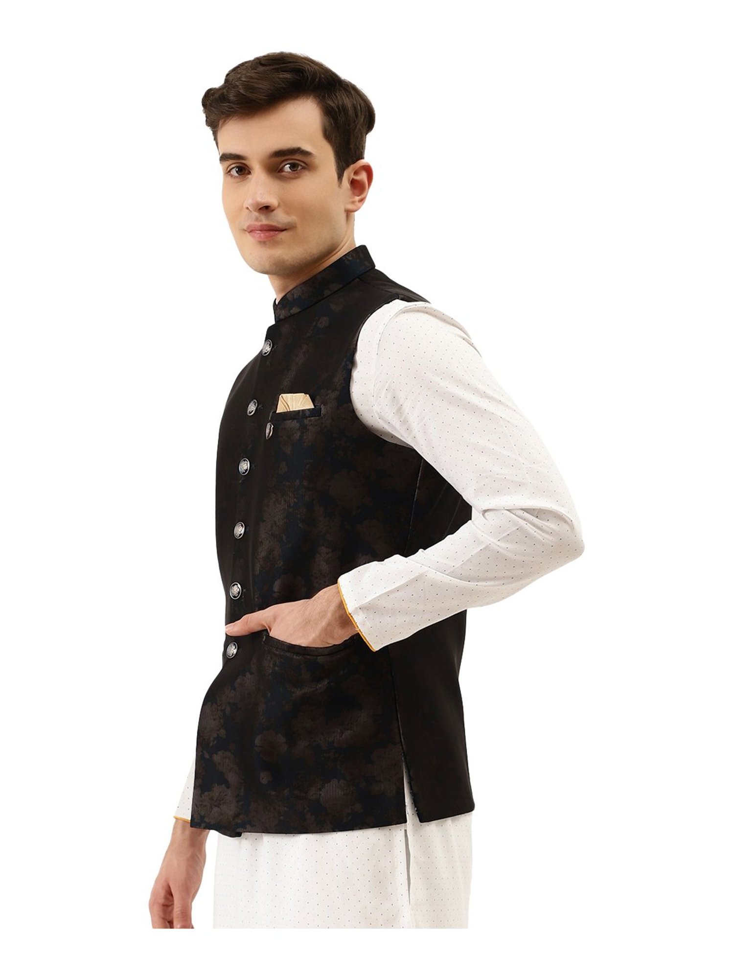 Manyavar Navy Regular Fit Floral Print Nehru Jacket