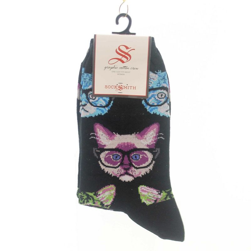 Novelty Socks 9.0" Kittenster Black/Multi Cotton Crew Glasses Cat Socksmith  -  Socks