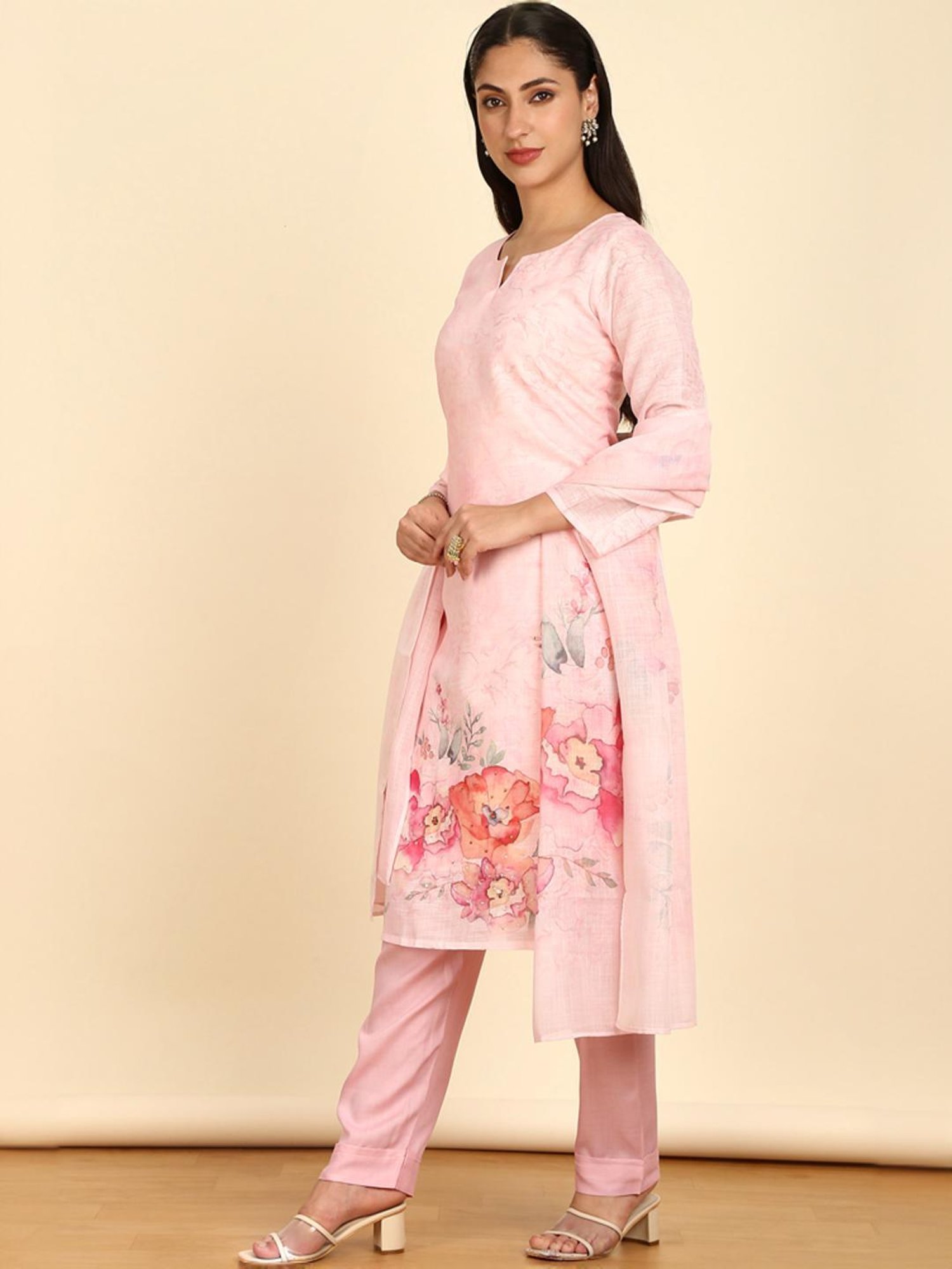 Soch Womens Pink Floral Print Linen Unstitch Dress Material With Beads And Stones