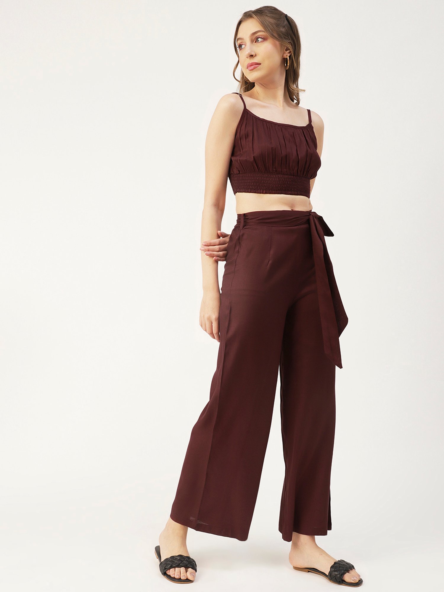 Moomaya Maroon Regular Fit Crop Top With Palazzos