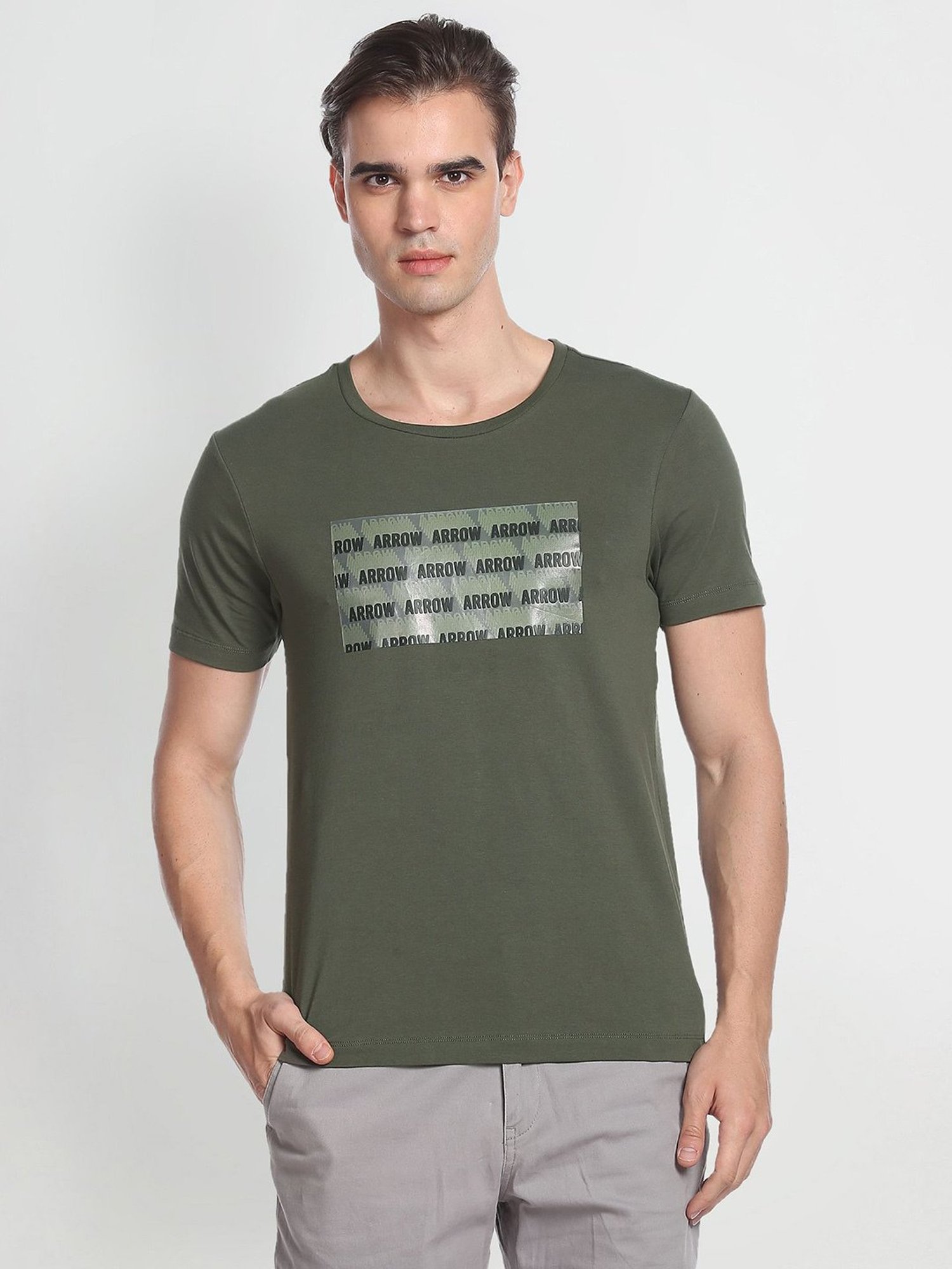 Arrow New York Green Regular Fit Printed Crew T-Shirt