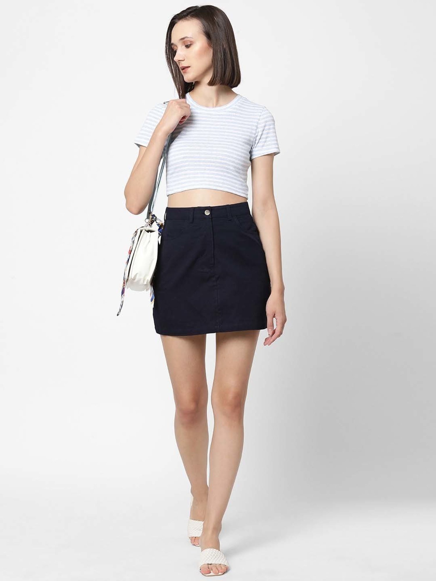 VASTRADO Blue Cotton Striped Crop Top