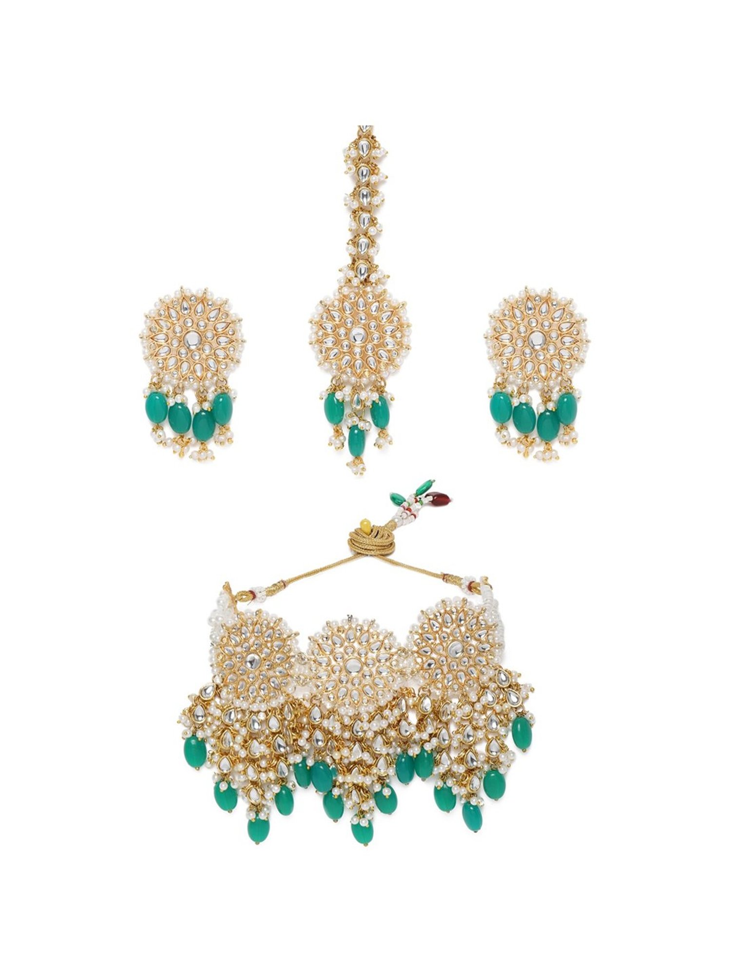 Zaveri Pearls Green Beads Bridal Kundan Choker Necklace Earring & Maangtikka Set-ZPFK10289
