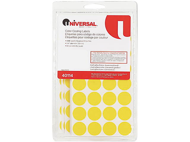 Universal 40114 Permanent Self-Adhesive Color-Coding Labels- 3/4in dia- Yellow- 1008/Pack