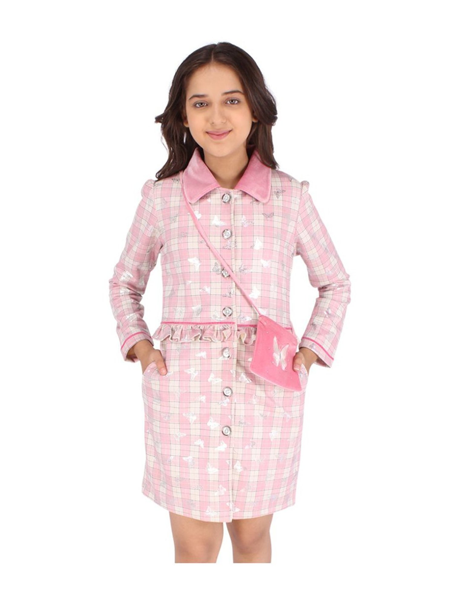 Cutecumber Kids Pink Check Full Sleeves Dress with Sling Bag