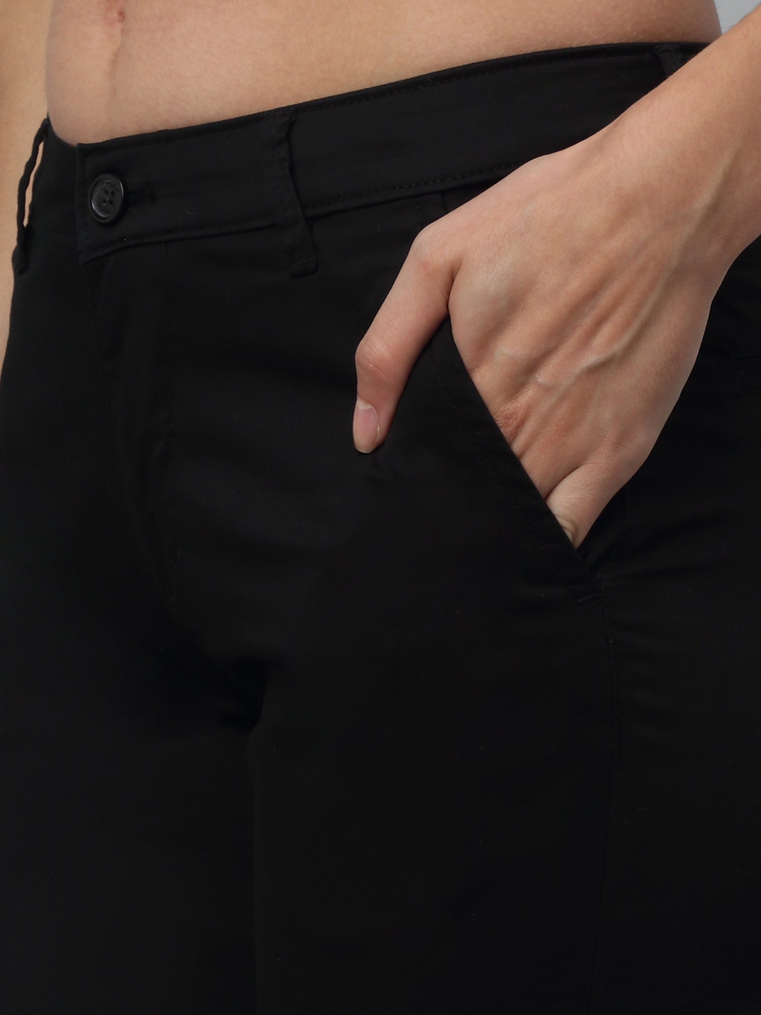 Crozo By Cantabil Black Cotton Lycra Regular Fit Mid Rise Trousers