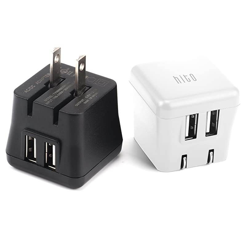 2-Pack 12W 2.4A Dual Port Foldable Plug USB Travel Wall Chargers for iPhone Xs/XS MAX/XR/X/ 8/7/ 7 Plus/ 6s/ 6s Plus, iPad Pro/ Air2/ Mini 3/ Mini 4, Samsung, Kindle and More (1x black+ 1x white)