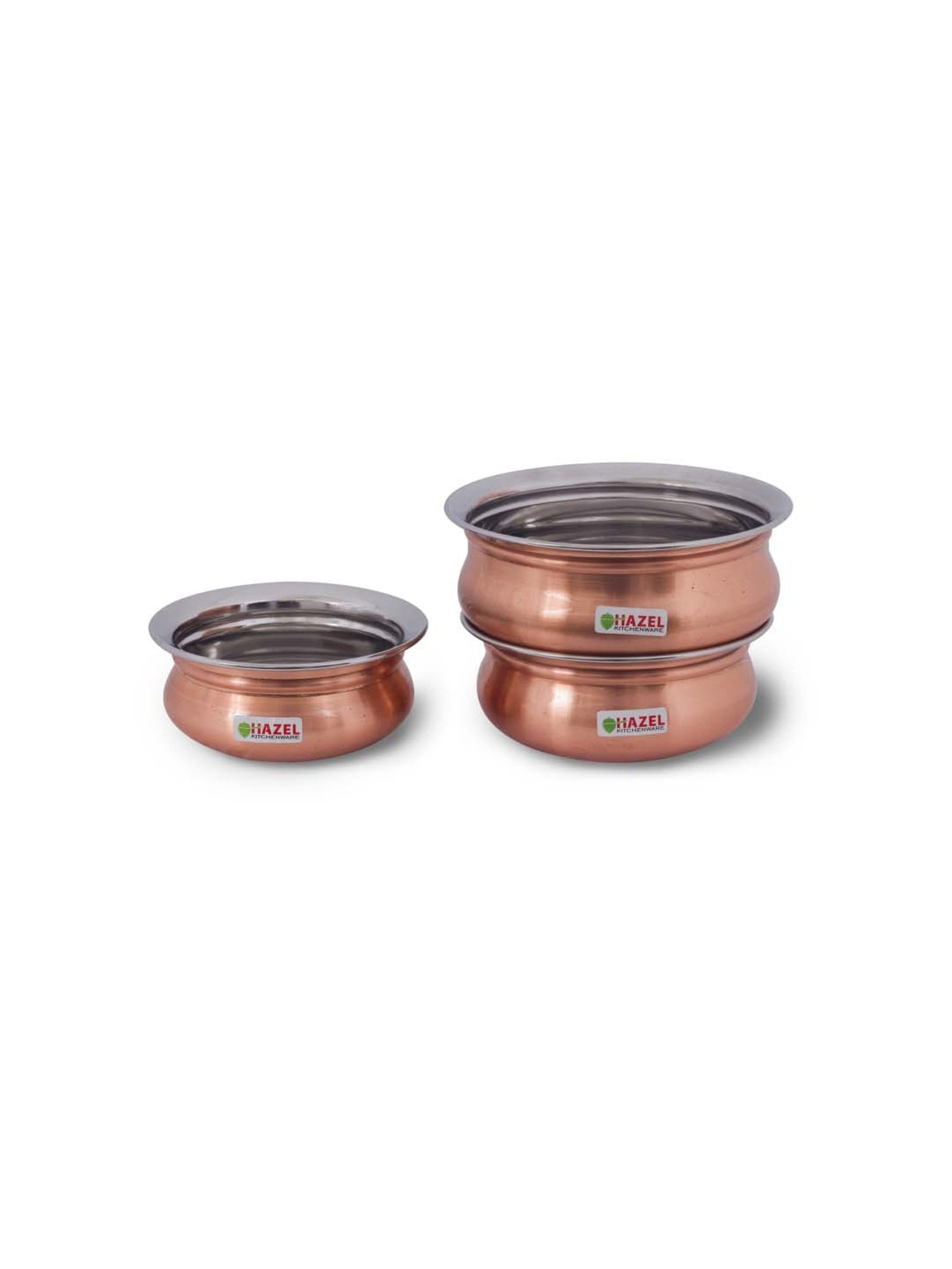 HAZEL Silver Stainless Steel & Copper Mini Handis (400 ml, 550 ml, 770 ml) - Set of 3
