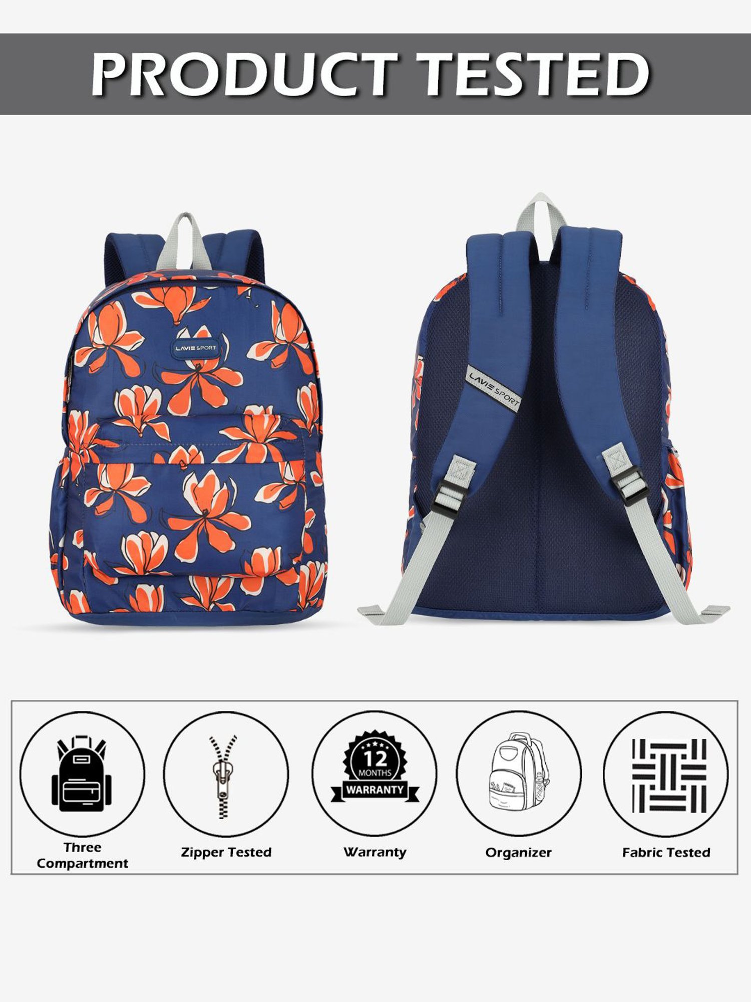 Lavie Sport Bloomy 18L Printed Casual Backpack |School Bag for Girls (Navy)