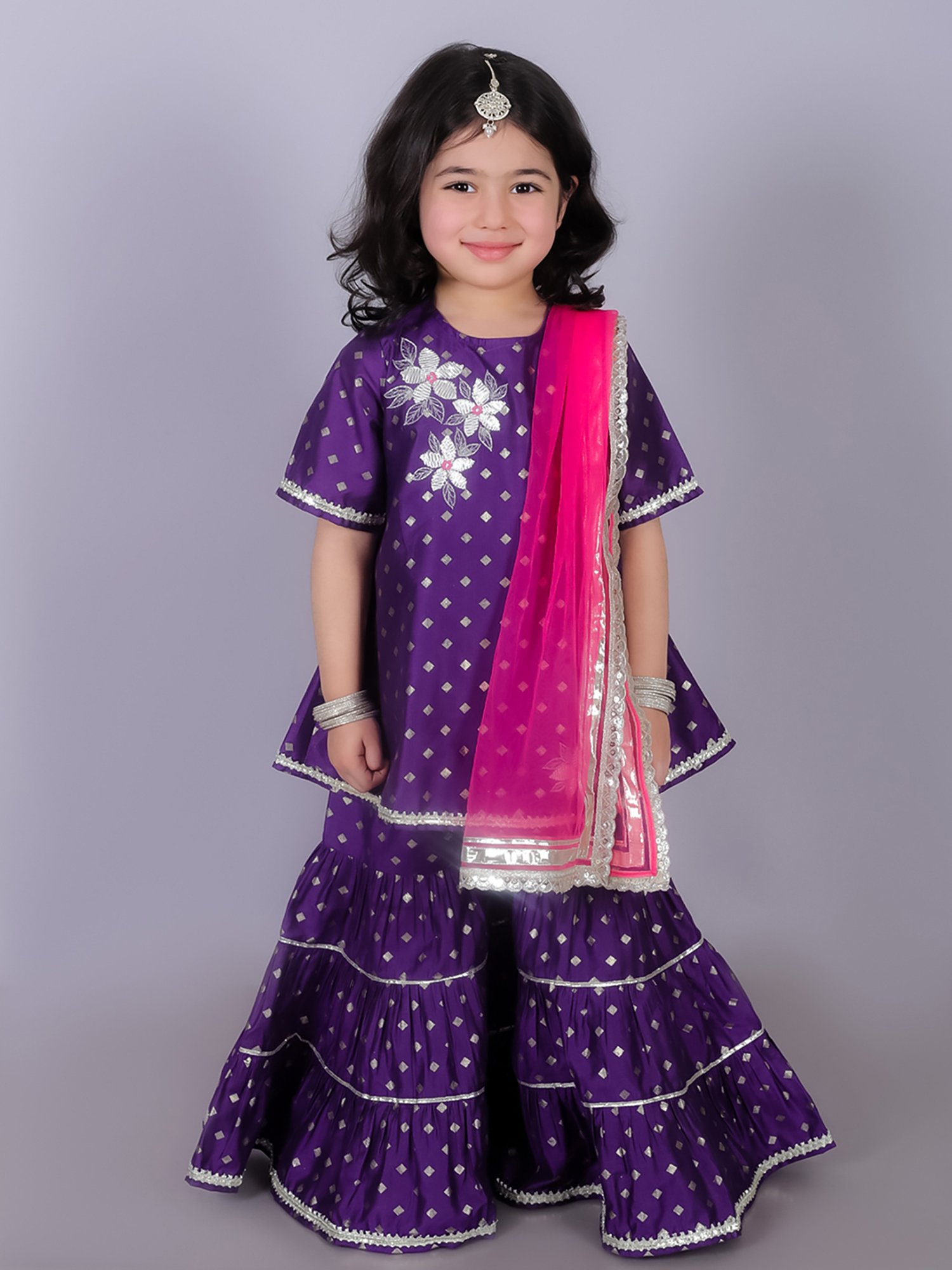 Lil Drama Kids Purple & Pink Embroidered Kurta with Gharara