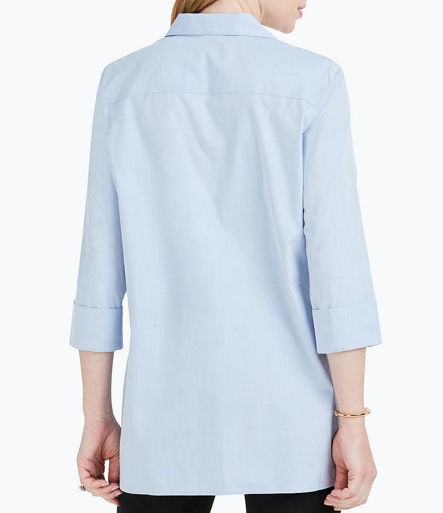 Foxcroft Pandora Solid Non-Iron Pinpoint Oxford Button Front Wing Collar Neck 3/4 Sleeve Tunic