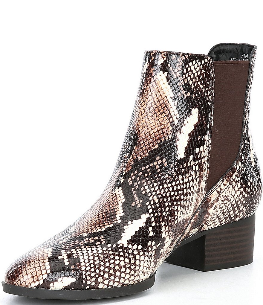 Alex Marie Gloriane Snake Print Chelsea Gore Block Heel Booties