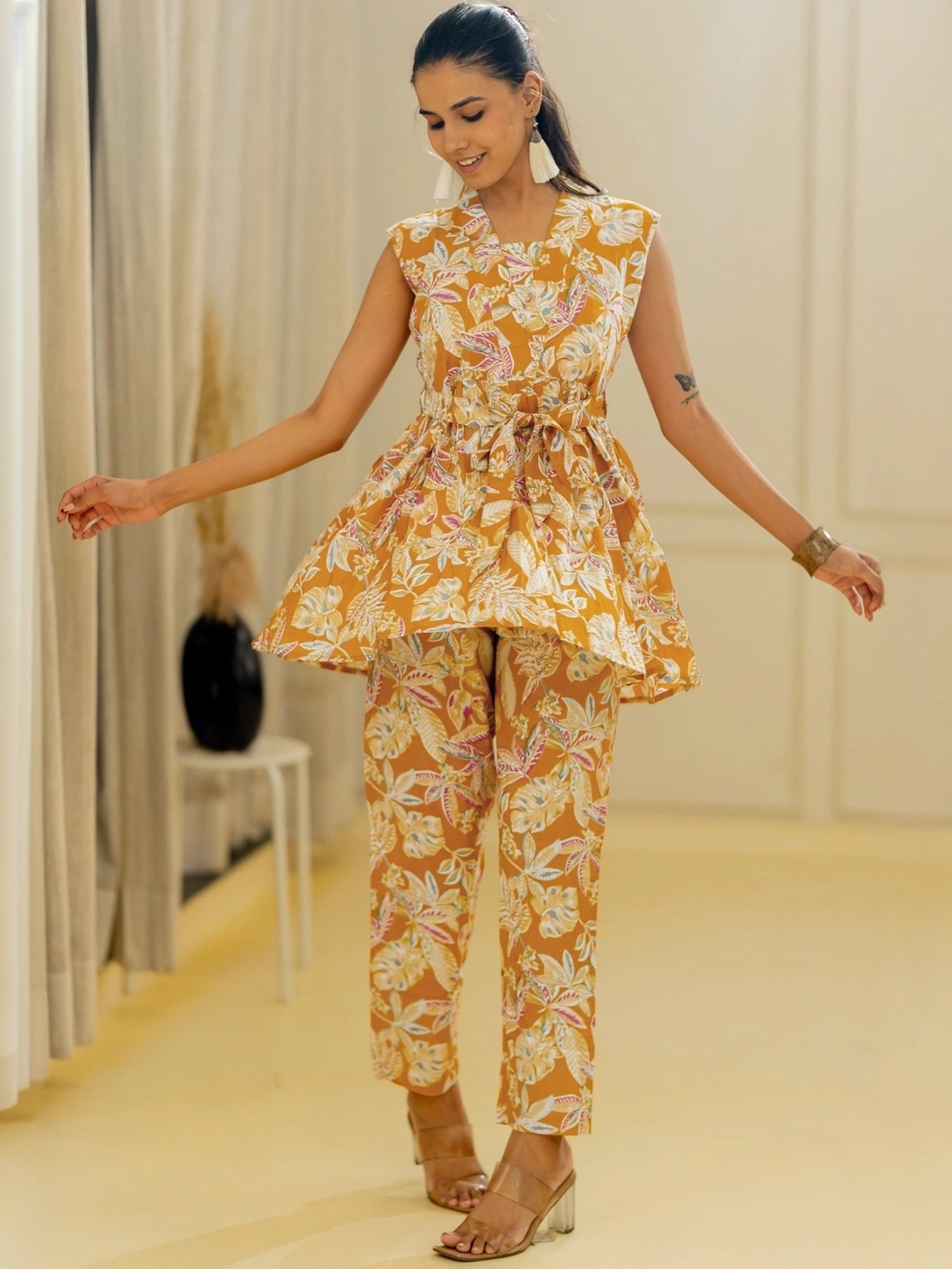 MIRCHI FASHION Mustard Cotton Printed Top Pant Set