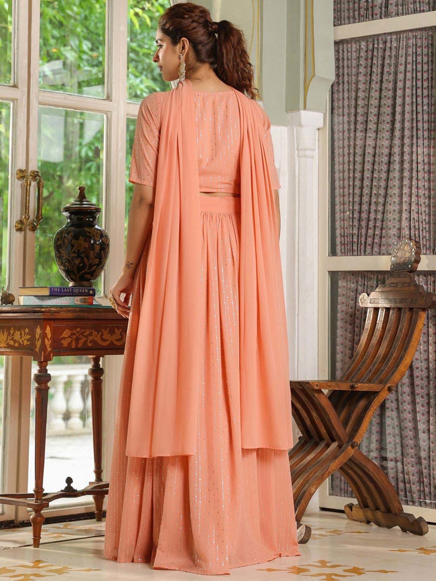 Janasya Peach Embellished Lehenga Choli Set With Dupatta