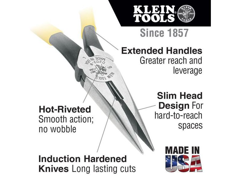 KLEIN TOOLS D203-7 Long Nose Side-Cutting Pliers, 7-Inch