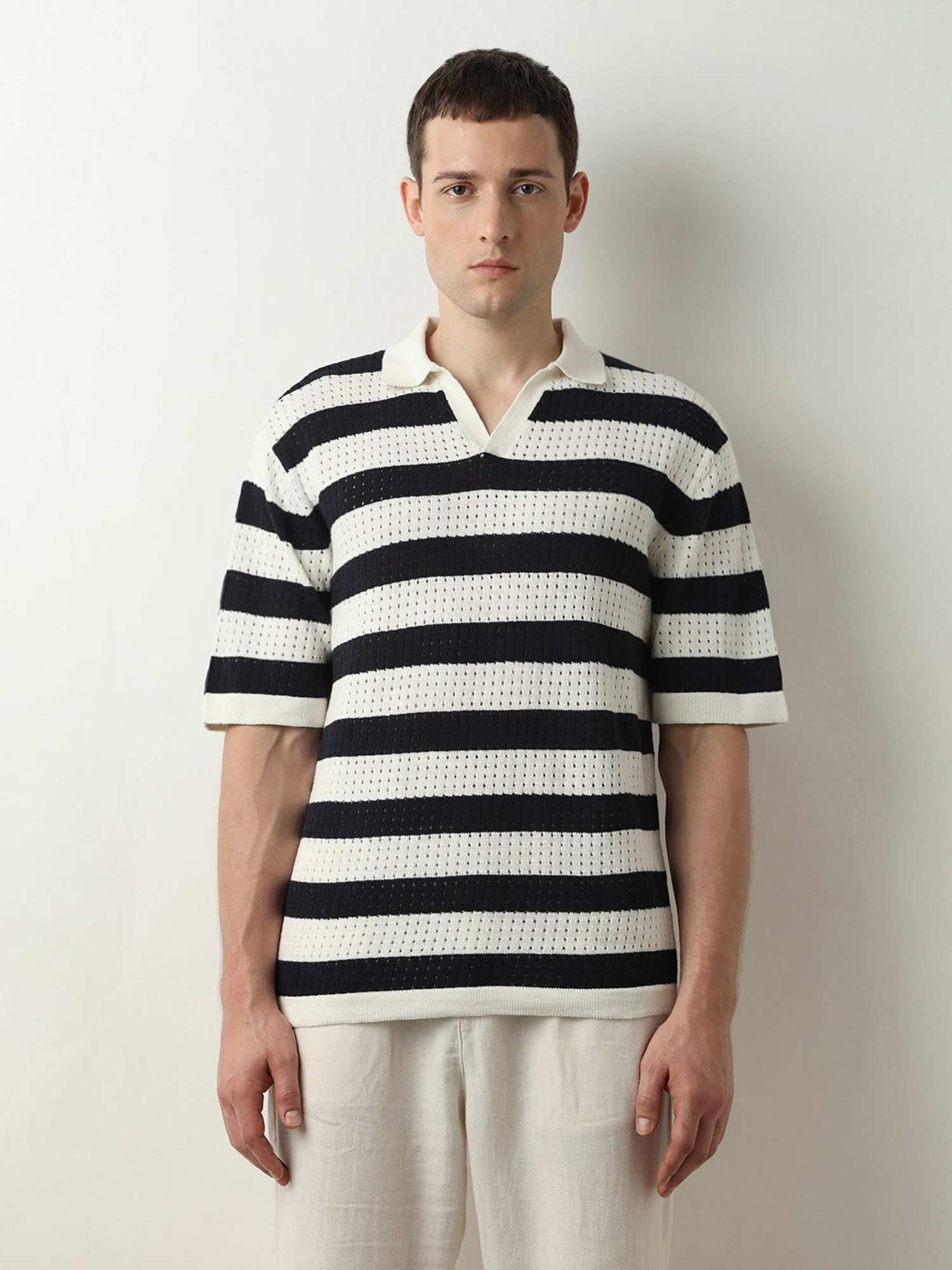 SELECTED HOMME Beige & Black Regular Fit Cotton Polo T-Shirt