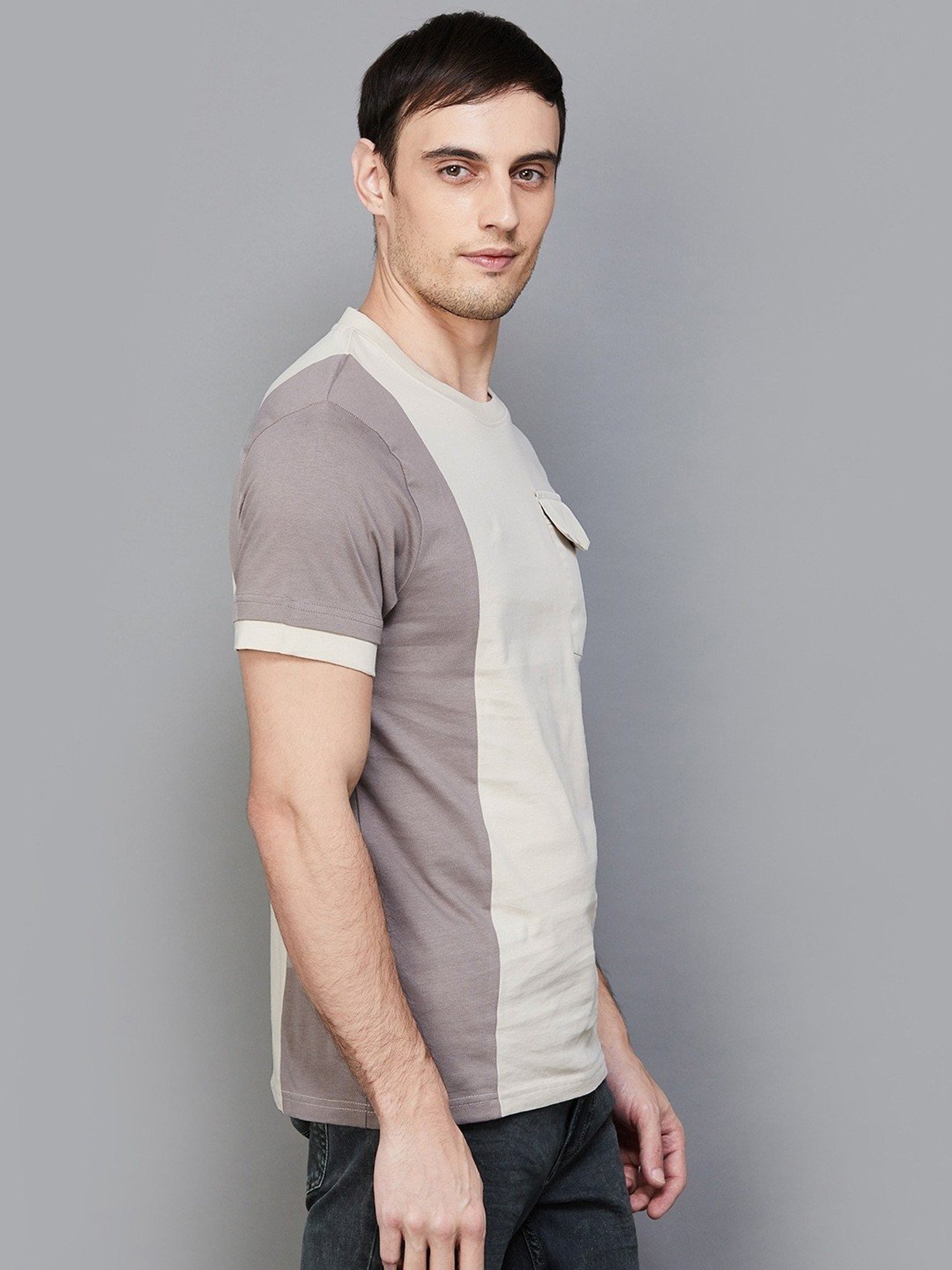 BOSSINI Beige Cotton Regular Fit Colour Block T-Shirt