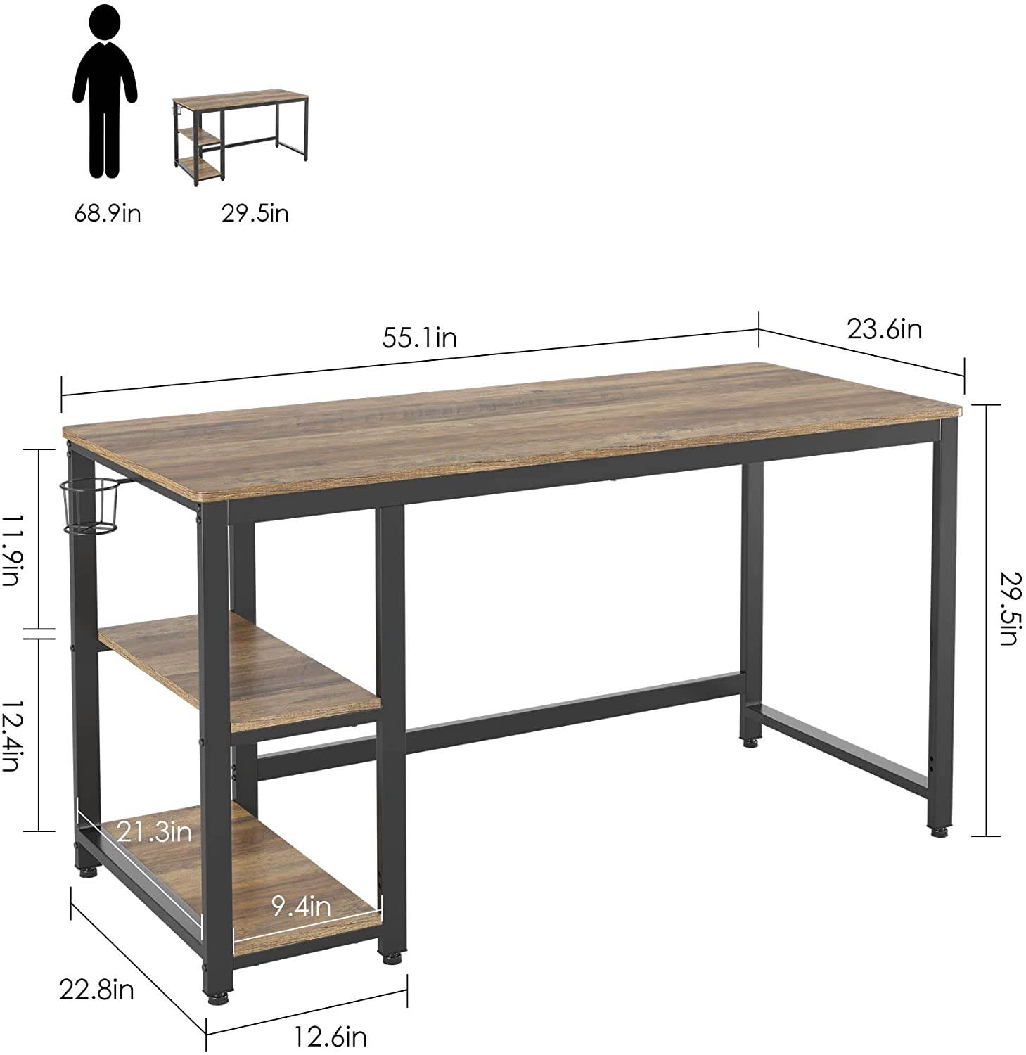 55" Industrial Computer Desk for Home Office, Wood Study Writing Desk with 2 Shelves, Large PC Desk Workstation Gaming Table with Sturdy Metal Frame, Rustic Brown