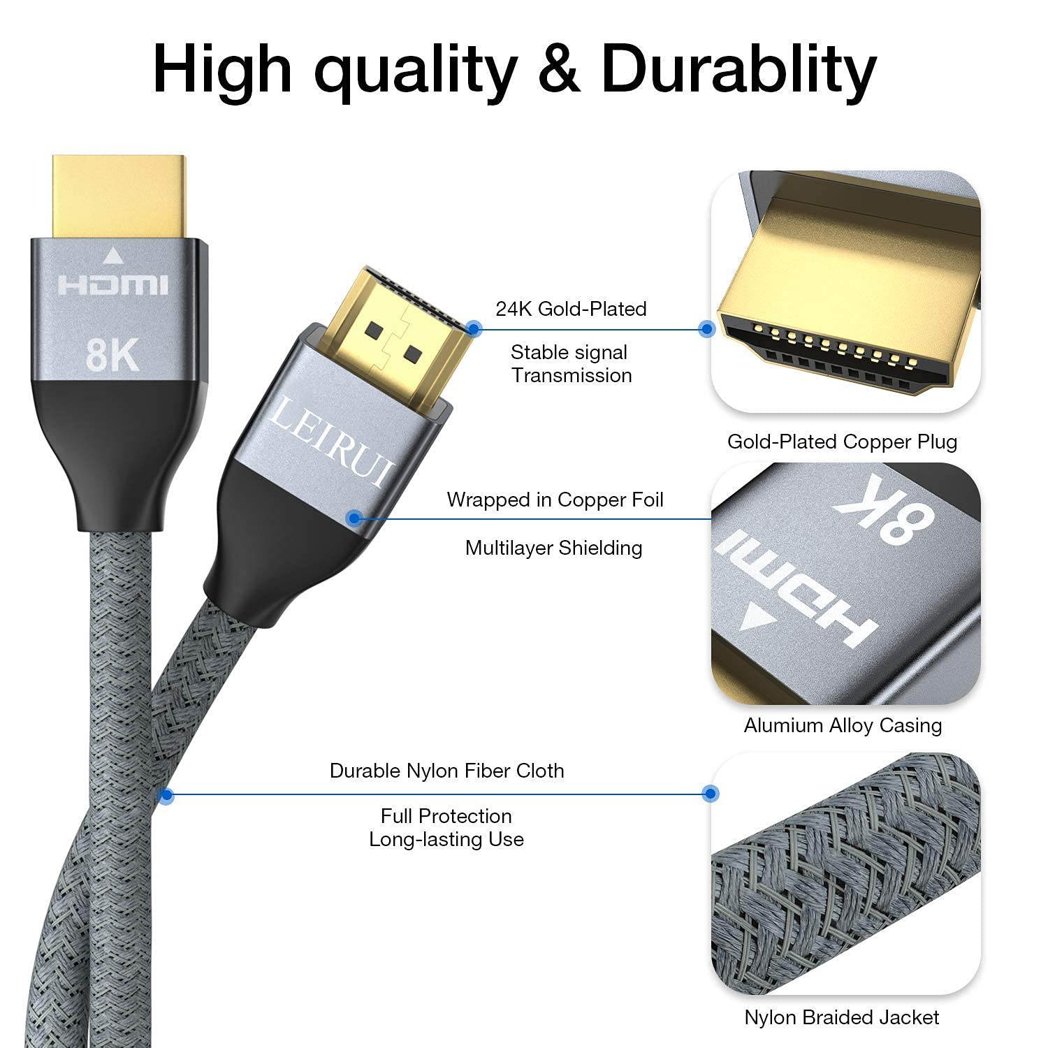 8K HDMI Cable 3 ft | Super High Speed, Braided Nylon & Gold Connectors, 8K @ 60Hz, 4K @ 120 HZ, 2K, 1080P & ARC Compatible | for Laptop, Monitor, PS5, PS4, Xbox One, Fire TV, Apple TV & More